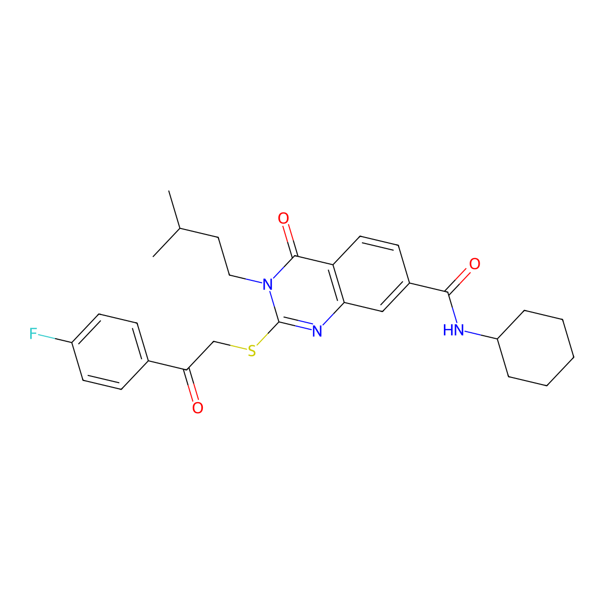 N-cyclohexyl-2-((2-(4-fluorophenyl)-2-oxoethyl)thio)-3-isopentyl-4-oxo-3,4-dihydroquinazoline-7-carboxamide molecular structure, CAS 1113136-79-0