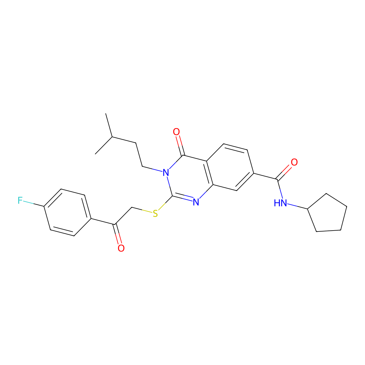 N-cyclopentyl-2-((2-(4-fluorophenyl)-2-oxoethyl)thio)-3-isopentyl-4-oxo-3,4-dihydroquinazoline-7-carboxamide molecular structure, CAS 1113136-86-9