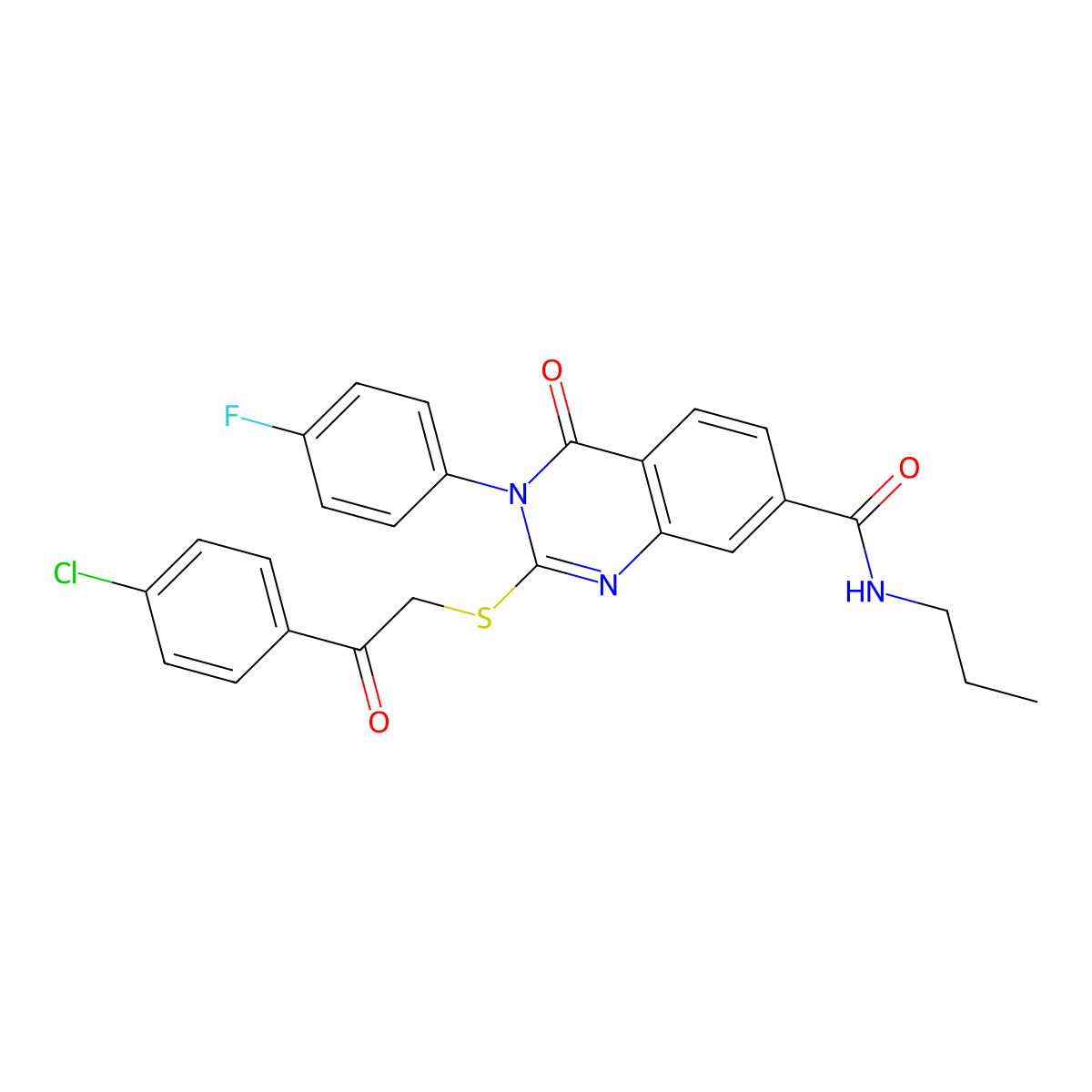 2-((2-(4-chlorophenyl)-2-oxoethyl)thio)-3-(4-fluorophenyl)-4-oxo-N-propyl-3,4-dihydroquinazoline-7-carboxamide molecular structure, CAS 1113136-97-2