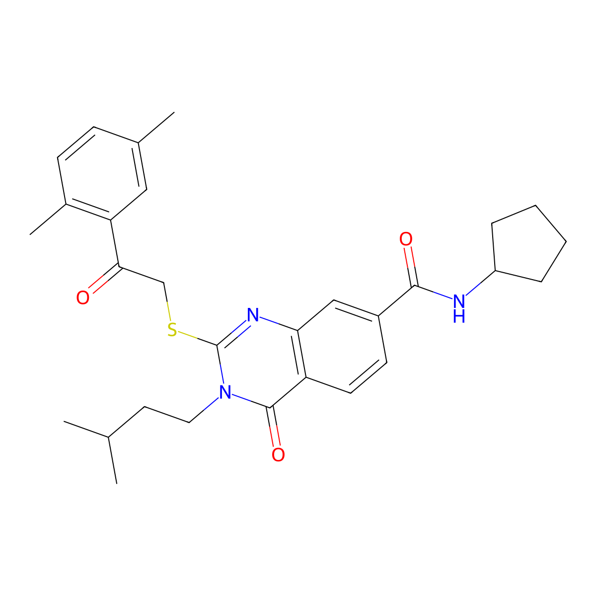 N-cyclopentyl-2-((2-(2,5-dimethylphenyl)-2-oxoethyl)thio)-3-isopentyl-4-oxo-3,4-dihydroquinazoline-7-carboxamide molecular structure, CAS 1113136-98-3