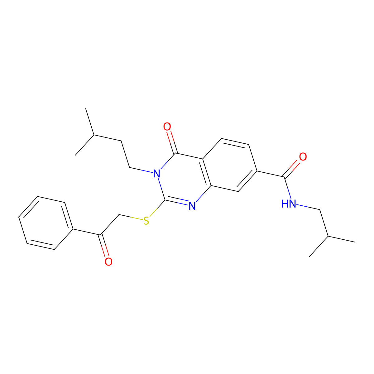 N-isobutyl-3-isopentyl-4-oxo-2-((2-oxo-2-phenylethyl)thio)-3,4-dihydroquinazoline-7-carboxamide molecular structure, CAS 1113137-04-4