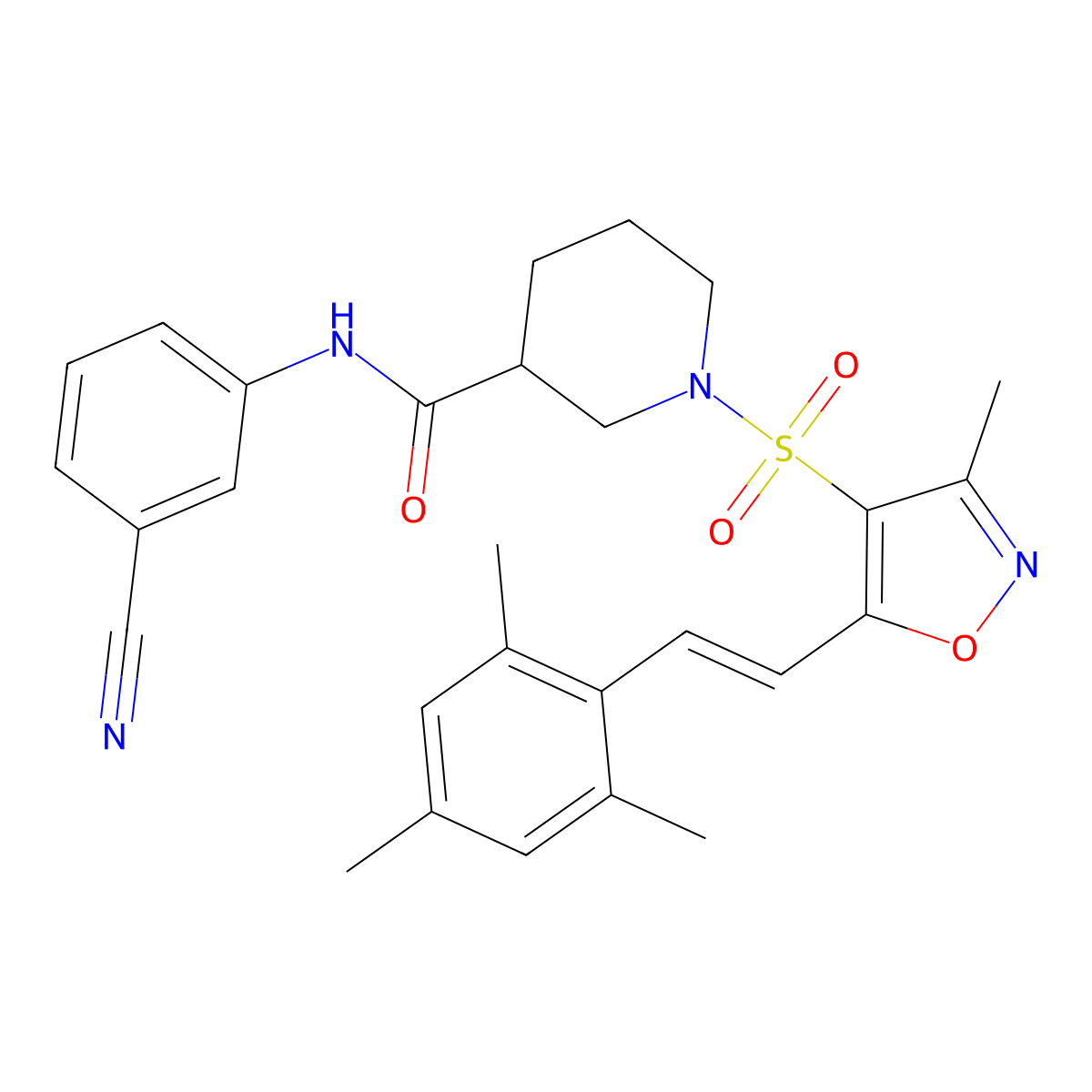 N-(3-Cyanophenyl)-1-((3-methyl-5-(2,4,6-trimethylstyryl)isoxazol-4-yl)sulfonyl)piperidine-3-carboxamide molecular structure, CAS 1113137-43-1