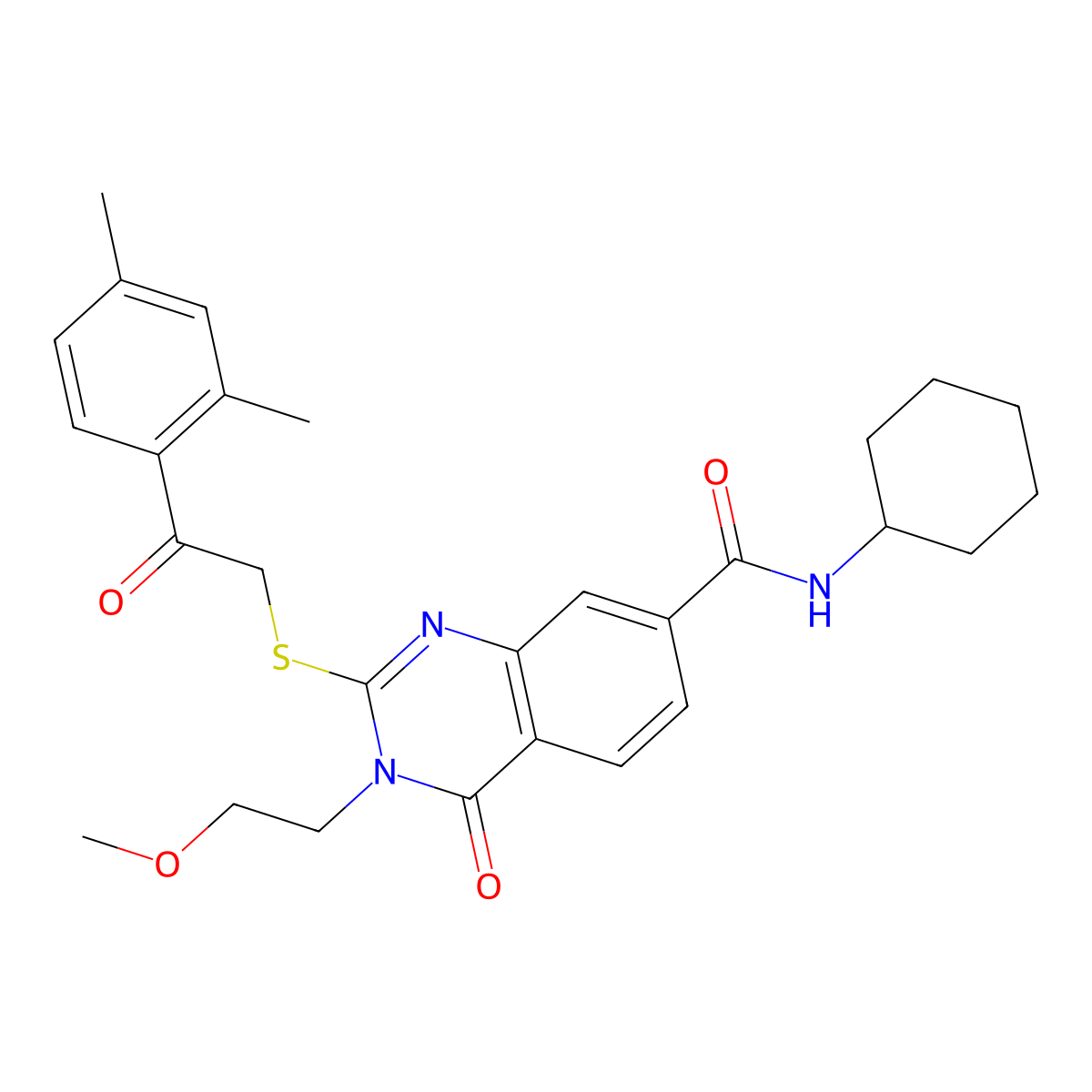 N-cyclohexyl-2-((2-(2,4-dimethylphenyl)-2-oxoethyl)thio)-3-(2-methoxyethyl)-4-oxo-3,4-dihydroquinazoline-7-carboxamide molecular structure, CAS 1113137-76-0