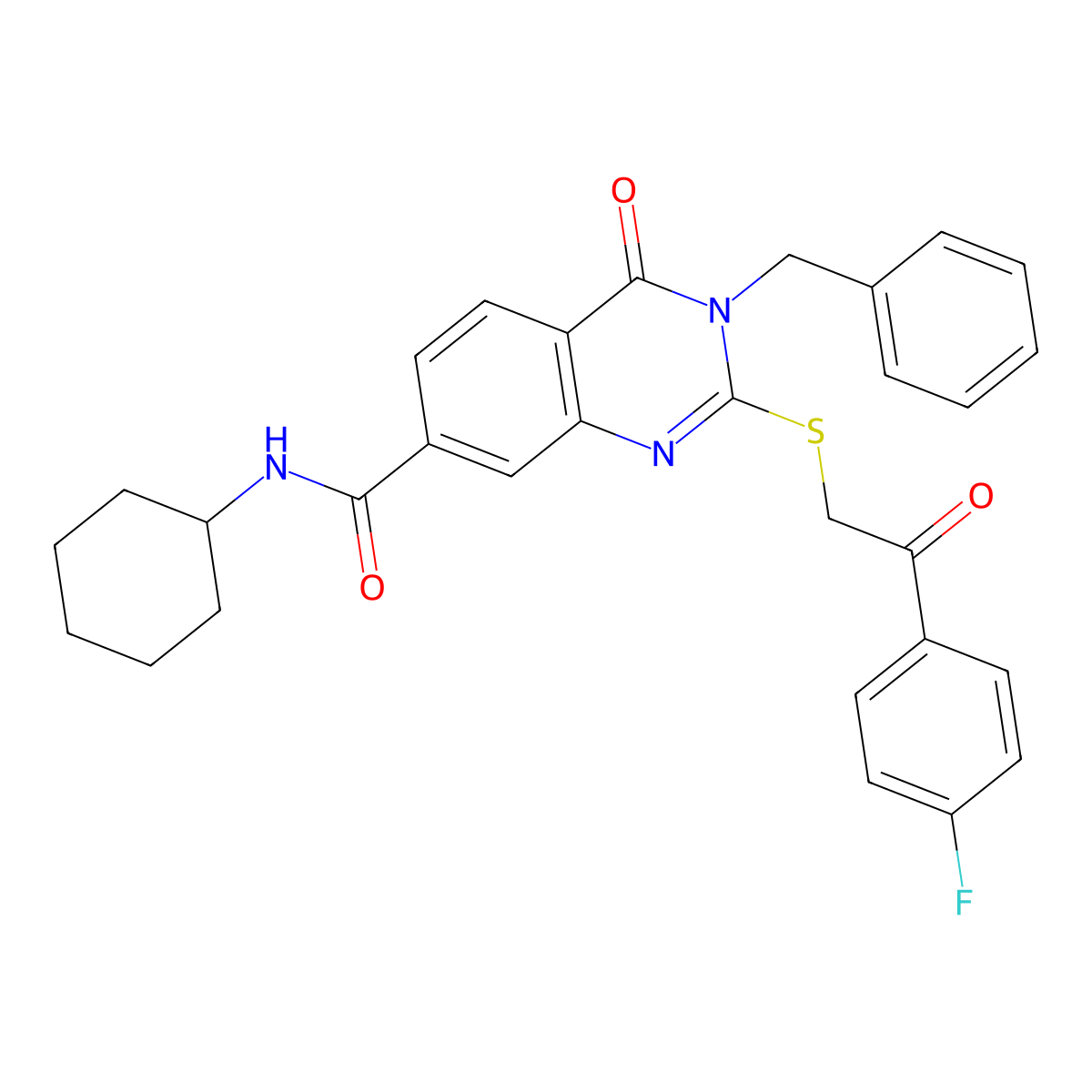 3-benzyl-N-cyclohexyl-2-((2-(4-fluorophenyl)-2-oxoethyl)thio)-4-oxo-3,4-dihydroquinazoline-7-carboxamide molecular structure, CAS 1113137-89-5