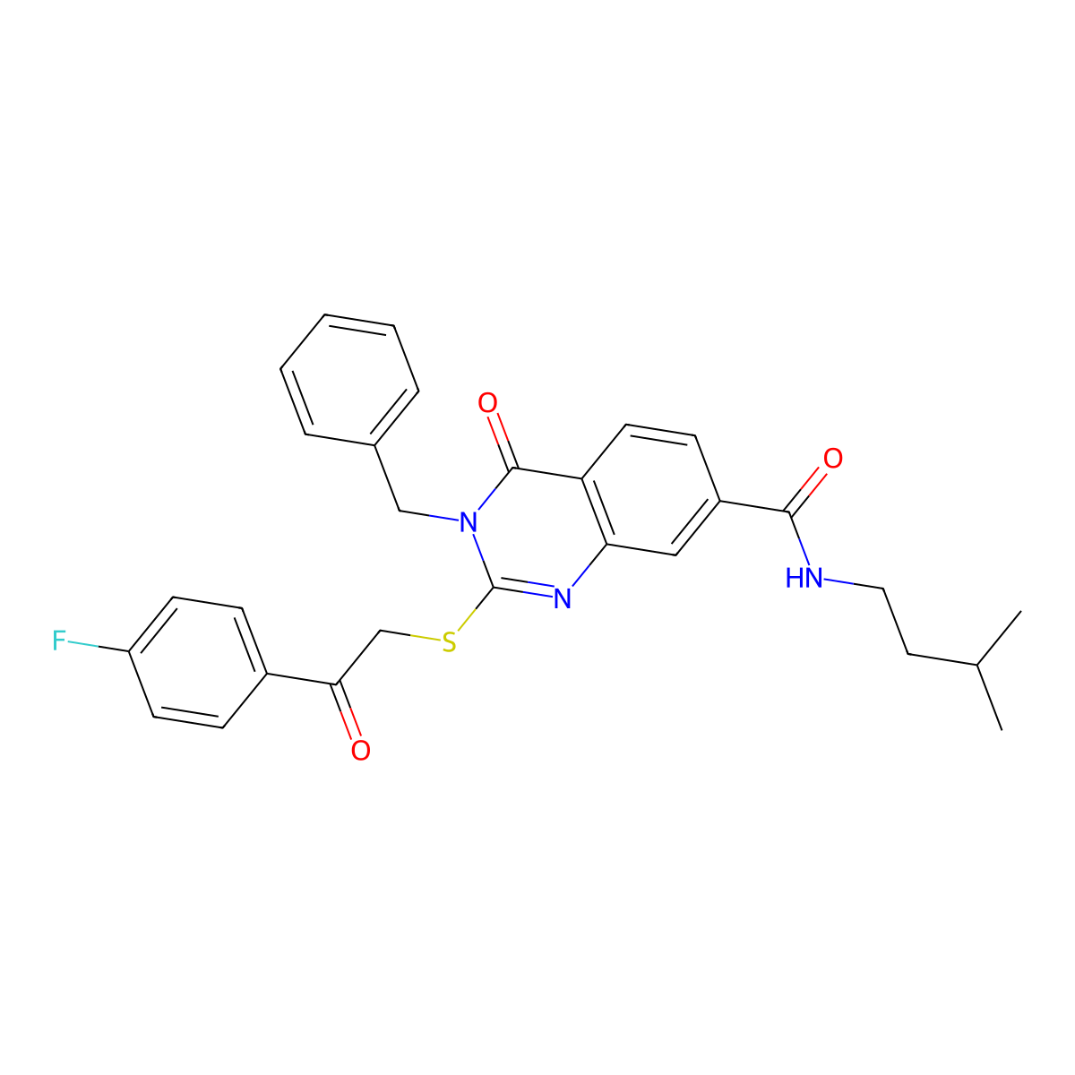 3-benzyl-2-((2-(4-fluorophenyl)-2-oxoethyl)thio)-N-isopentyl-4-oxo-3,4-dihydroquinazoline-7-carboxamide molecular structure, CAS 1113138-06-9
