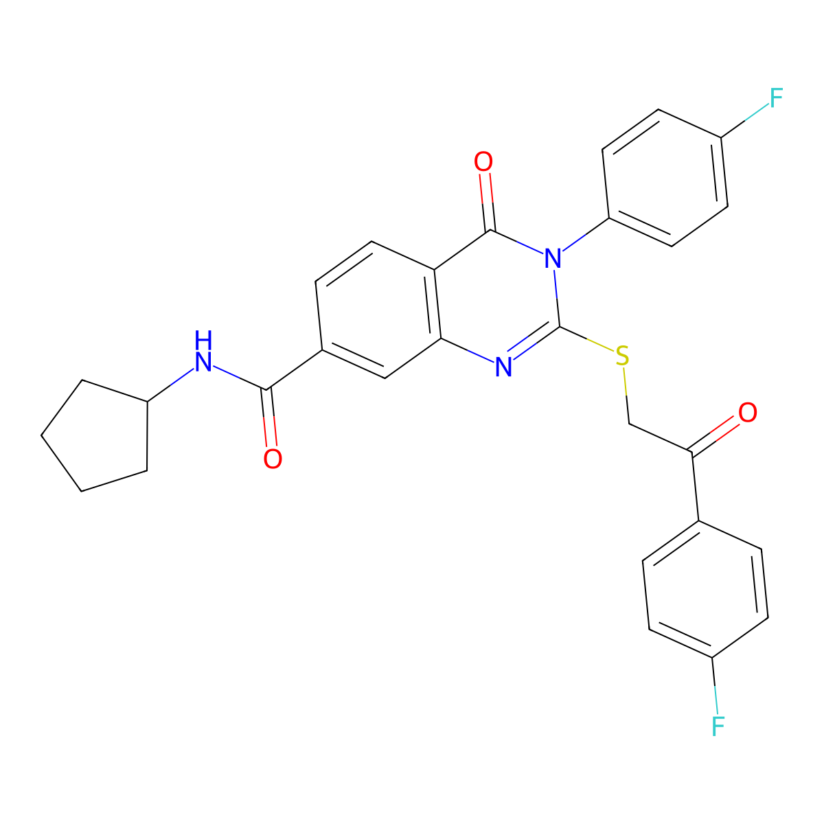 N-cyclopentyl-3-(4-fluorophenyl)-2-((2-(4-fluorophenyl)-2-oxoethyl)thio)-4-oxo-3,4-dihydroquinazoline-7-carboxamide molecular structure, CAS 1113138-14-9