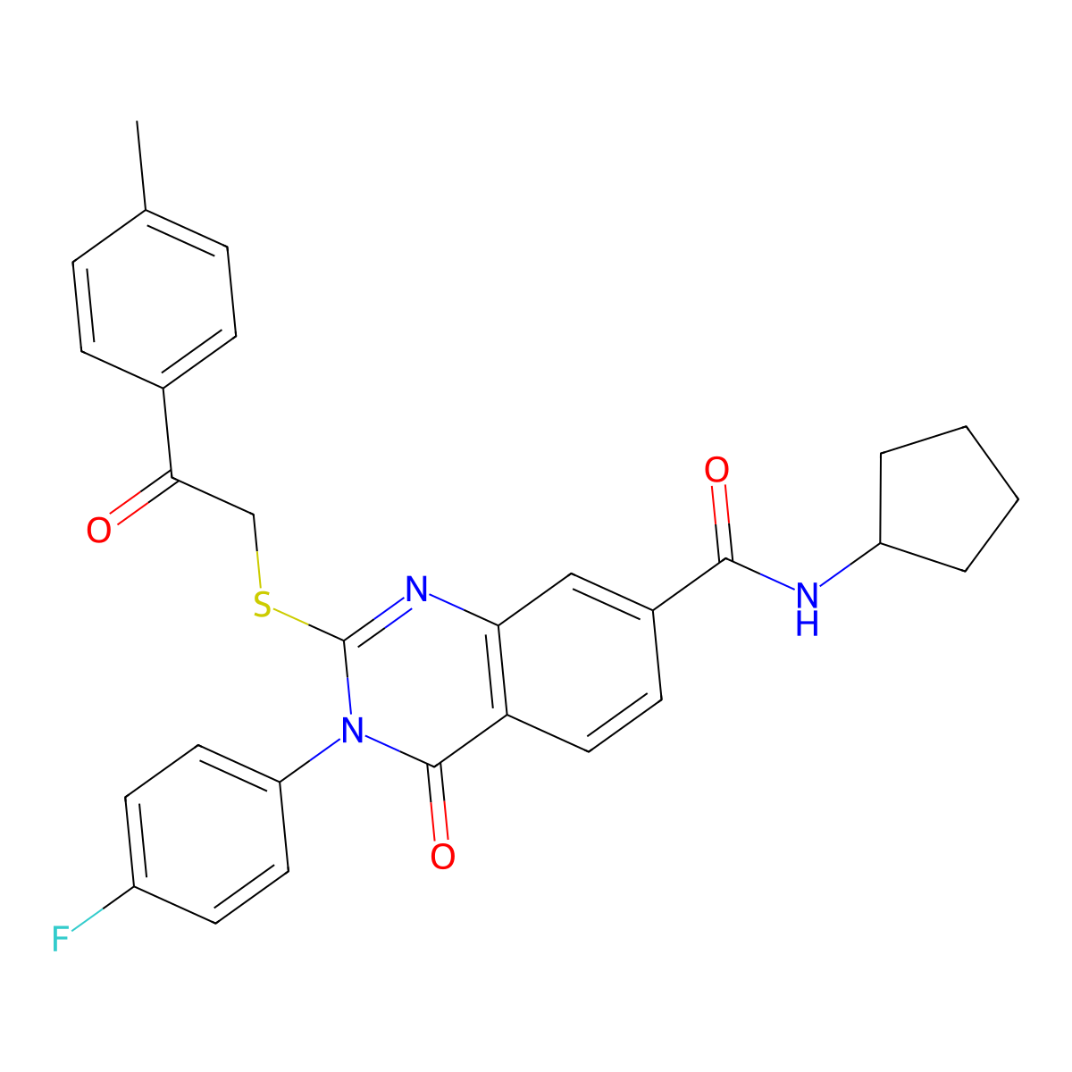 N-cyclopentyl-3-(4-fluorophenyl)-2-{[2-(4-methylphenyl)-2-oxoethyl]thio}-4-oxo-3,4-dihydroquinazoline-7-carboxamide molecular structure, CAS 1113138-20-7