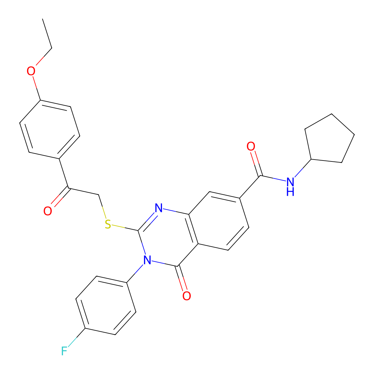 N-cyclopentyl-2-((2-(4-ethoxyphenyl)-2-oxoethyl)thio)-3-(4-fluorophenyl)-4-oxo-3,4-dihydroquinazoline-7-carboxamide molecular structure, CAS 1113138-32-1