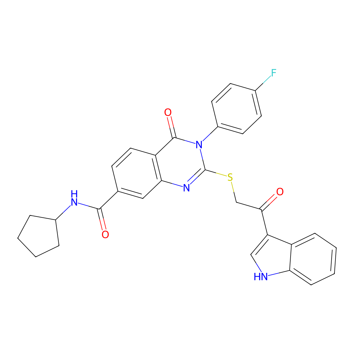 2-((2-(1H-indol-3-yl)-2-oxoethyl)thio)-N-cyclopentyl-3-(4-fluorophenyl)-4-oxo-3,4-dihydroquinazoline-7-carboxamide molecular structure, CAS 1113138-38-7