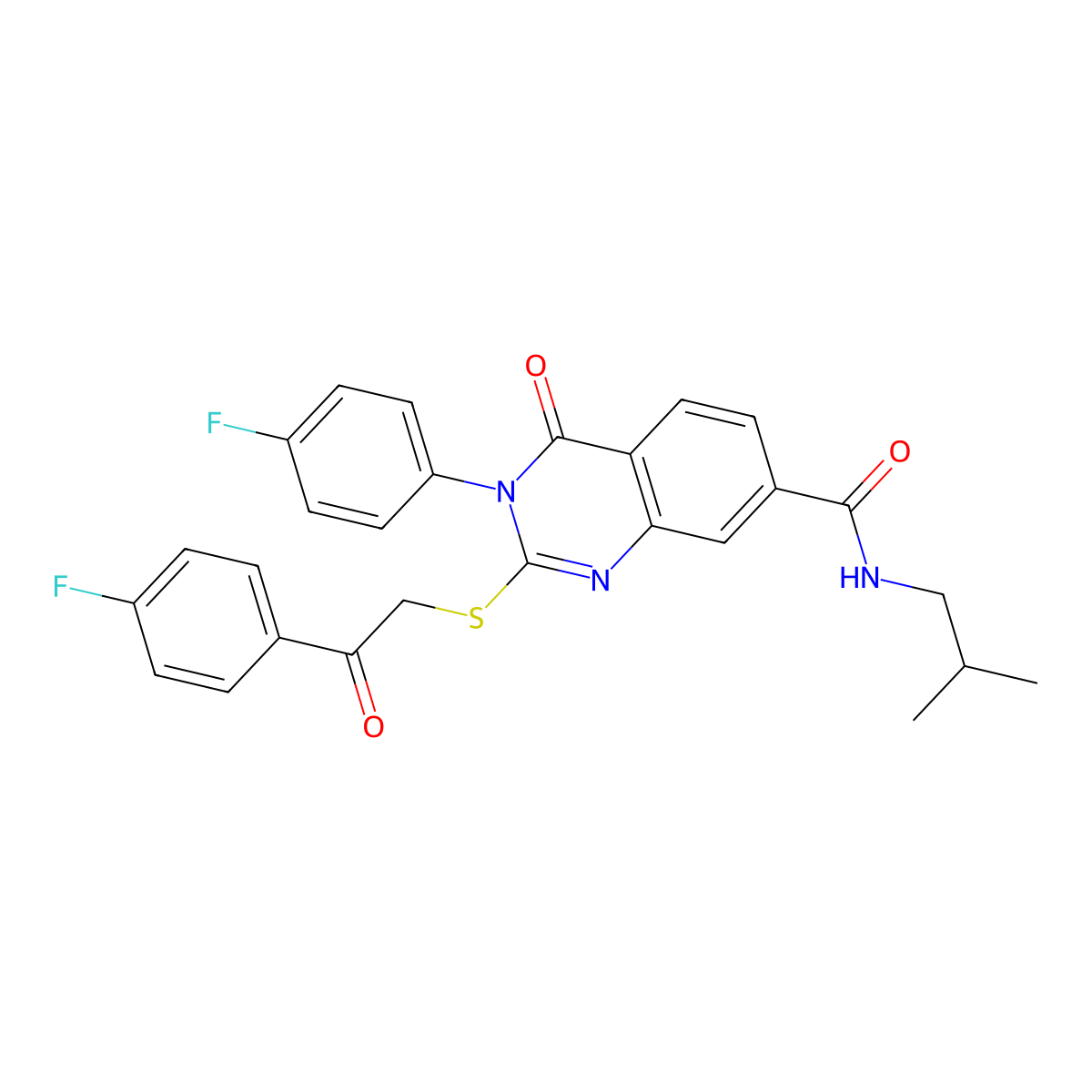 3-(4-fluorophenyl)-2-((2-(4-fluorophenyl)-2-oxoethyl)thio)-N-isobutyl-4-oxo-3,4-dihydroquinazoline-7-carboxamide molecular structure, CAS 1113138-44-5