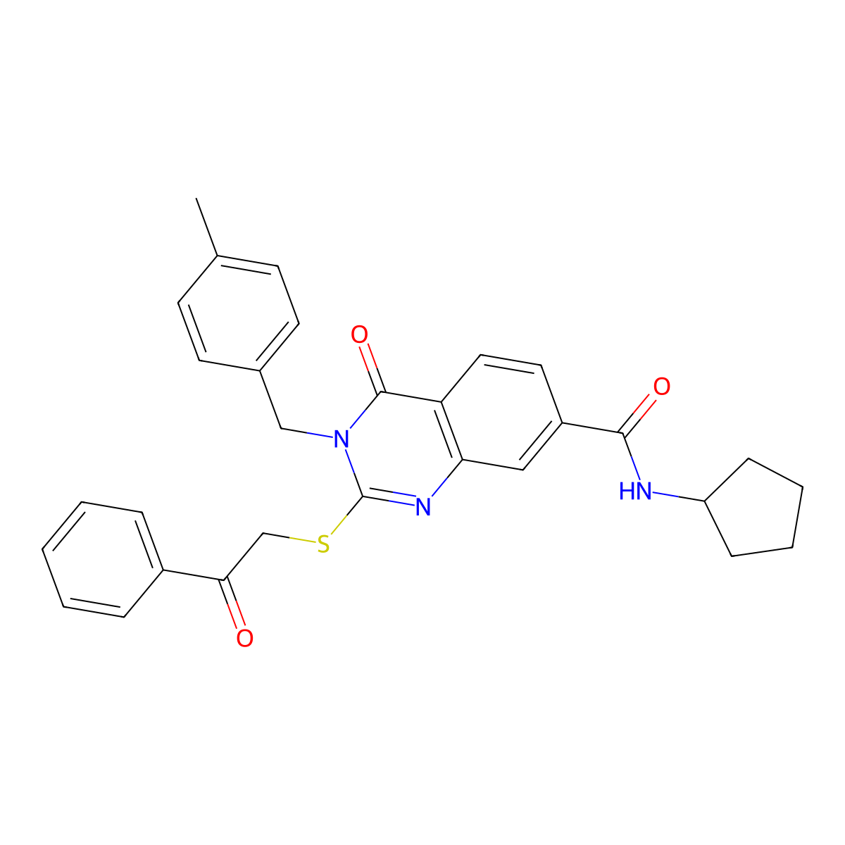 N-cyclopentyl-3-(4-methylbenzyl)-4-oxo-2-((2-oxo-2-phenylethyl)thio)-3,4-dihydroquinazoline-7-carboxamide molecular structure, CAS 1113138-63-8
