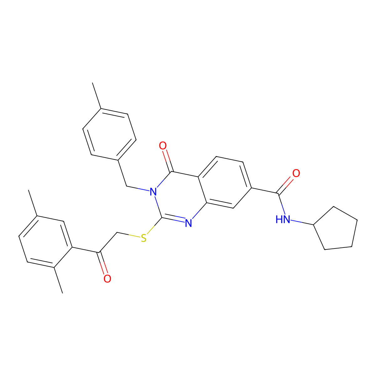 N-cyclopentyl-2-((2-(2,5-dimethylphenyl)-2-oxoethyl)thio)-3-(4-methylbenzyl)-4-oxo-3,4-dihydroquinazoline-7-carboxamide molecular structure, CAS 1113138-82-1