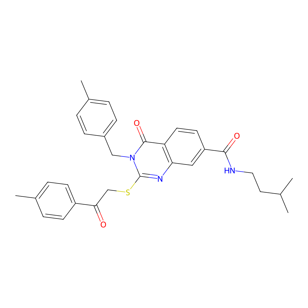 N-(3-methylbutyl)-2-{[2-(4-methylphenyl)-2-oxoethyl]sulfanyl}-3-[(4-methylphenyl)methyl]-4-oxo-3,4-dihydroquinazoline-7-carboxamide molecular structure, CAS 1113139-18-6