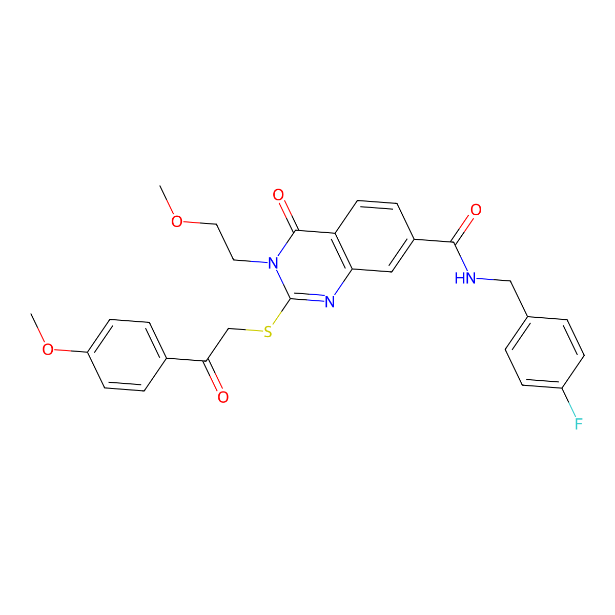 N-[(4-fluorophenyl)methyl]-3-(2-methoxyethyl)-2-{[2-(4-methoxyphenyl)-2-oxoethyl]sulfanyl}-4-oxo-3,4-dihydroquinazoline-7-carboxamide molecular structure, CAS 1113139-59-5