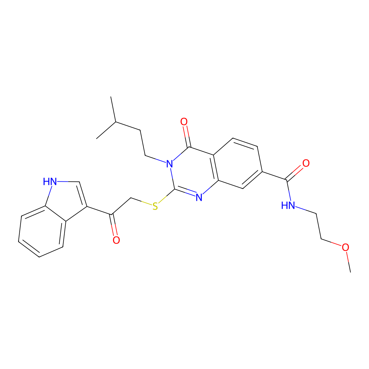 2-((2-(1H-indol-3-yl)-2-oxoethyl)thio)-3-isopentyl-N-(2-methoxyethyl)-4-oxo-3,4-dihydroquinazoline-7-carboxamide molecular structure, CAS 1113139-62-0