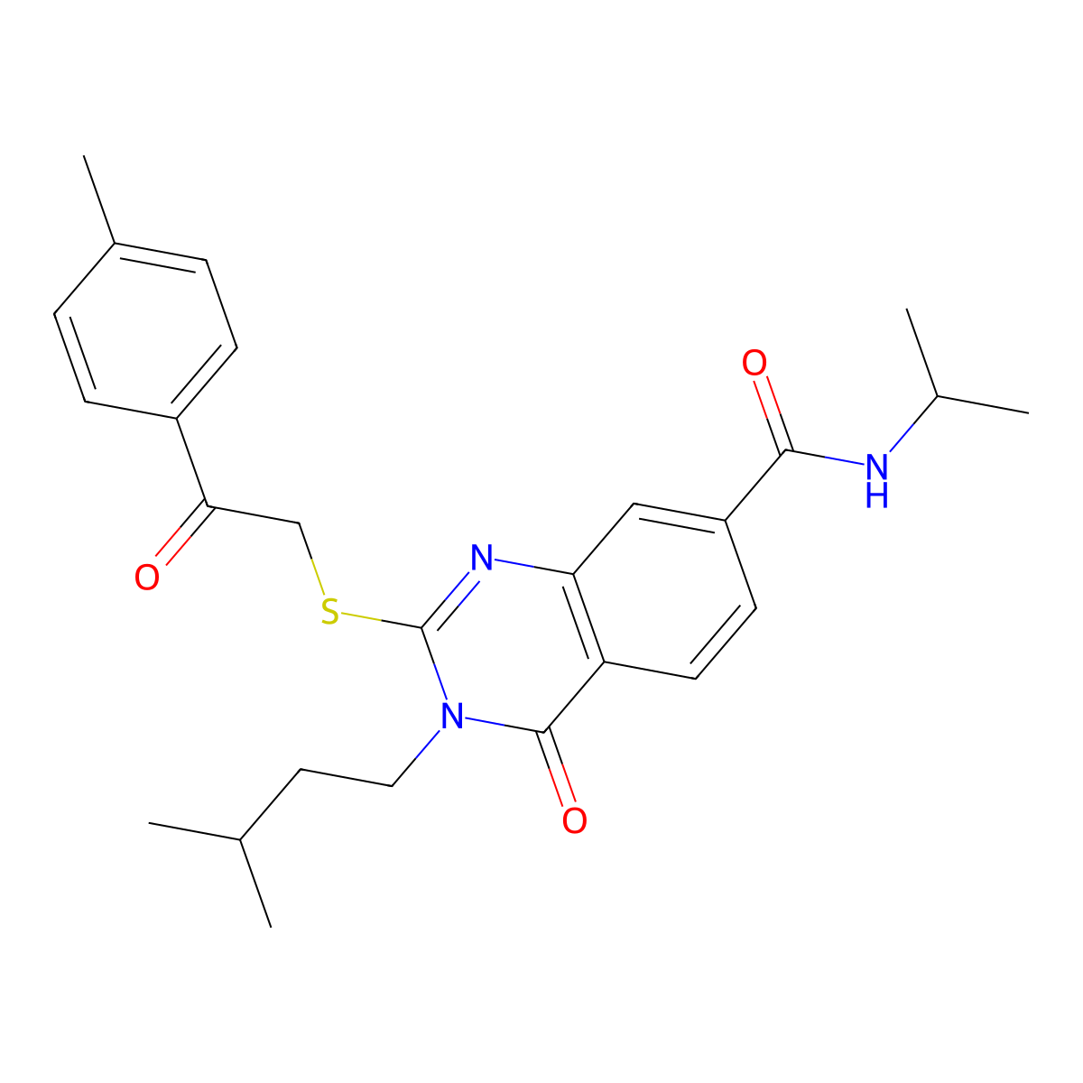 3-isopentyl-N-isopropyl-4-oxo-2-((2-oxo-2-(p-tolyl)ethyl)thio)-3,4-dihydroquinazoline-7-carboxamide molecular structure, CAS 1113139-67-5