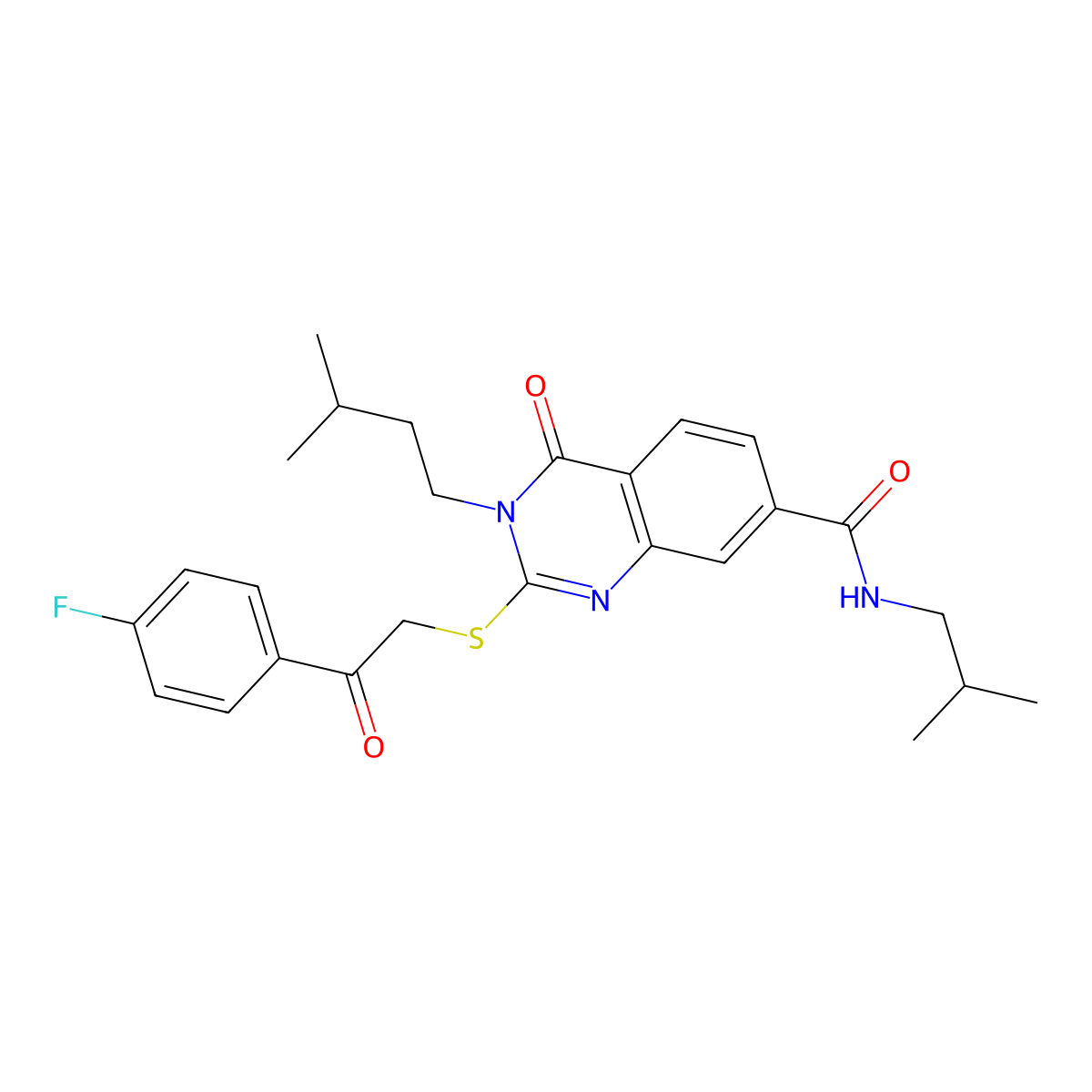 2-((2-(4-fluorophenyl)-2-oxoethyl)thio)-N-isobutyl-3-isopentyl-4-oxo-3,4-dihydroquinazoline-7-carboxamide molecular structure, CAS 1113140-08-1