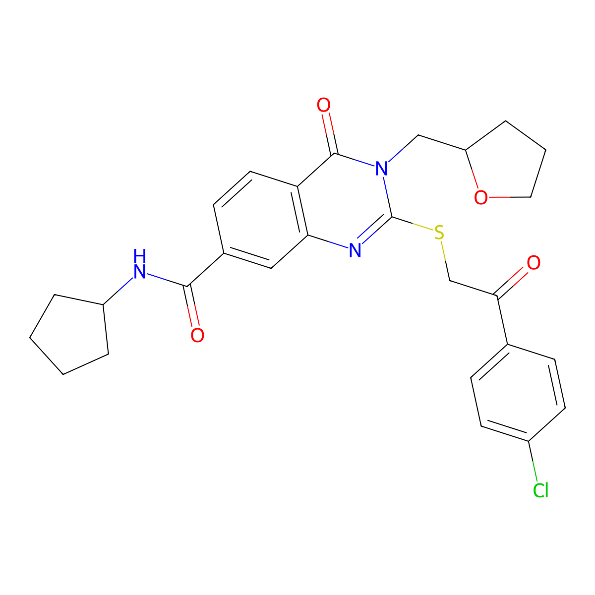 2-((2-(4-chlorophenyl)-2-oxoethyl)thio)-N-cyclopentyl-4-oxo-3-((tetrahydrofuran-2-yl)methyl)-3,4-dihydroquinazoline-7-carboxamide molecular structure, CAS 1113140-29-6