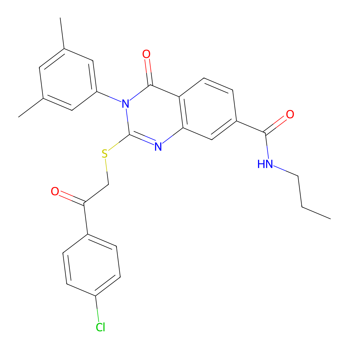2-((2-(4-chlorophenyl)-2-oxoethyl)thio)-3-(3,5-dimethylphenyl)-4-oxo-N-propyl-3,4-dihydroquinazoline-7-carboxamide molecular structure, CAS 1113140-34-3