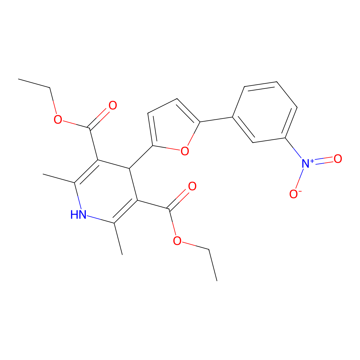 Diethyl 2,6-dimethyl-4-[5-(3-nitrophenyl)furan-2-yl]-1,4-dihydropyridine-3,5-dicarboxylate molecular structure, CAS 111399-95-2