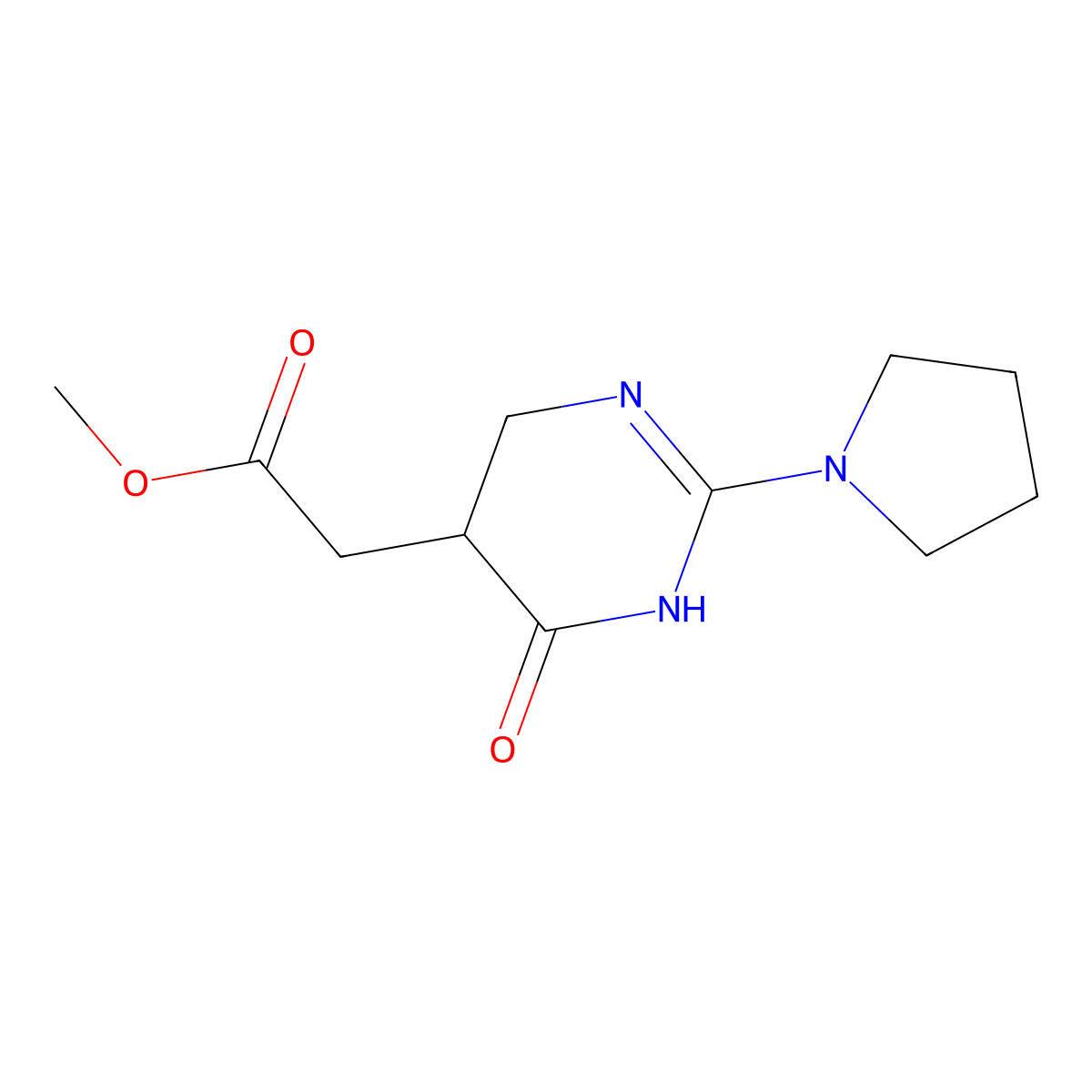 Methyl 2-(6-oxo-2-(pyrrolidin-1-yl)-1,4,5,6-tetrahydropyrimidin-5-yl)acetate molecular structure, CAS 1114595-87-7