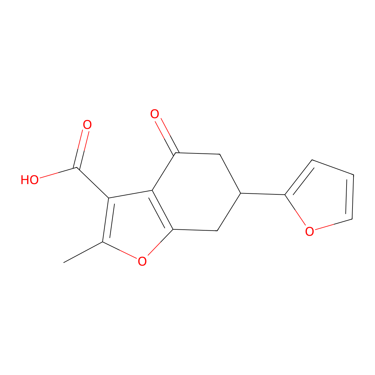 3-Benzofurancarboxylic acid, 6-(2-furanyl)-4,5,6,7-tetrahydro-2-methyl-4-oxo- molecular structure, CAS 1114596-55-2
