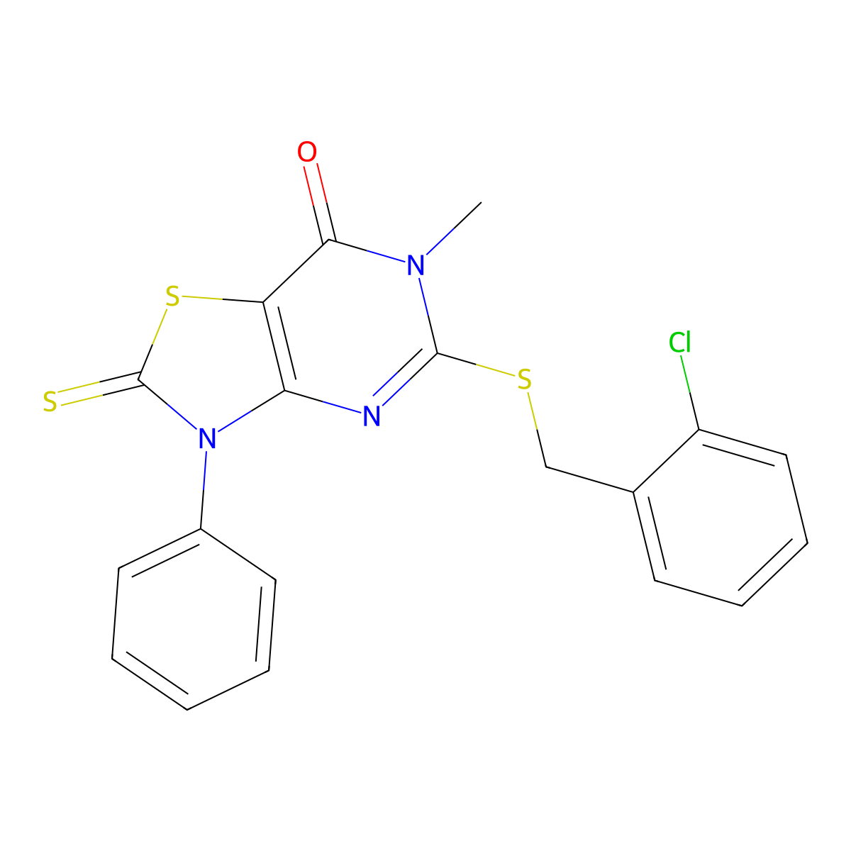 5-((2-chlorobenzyl)thio)-6-methyl-3-phenyl-2-thioxo-2,3-dihydrothiazolo[4,5-d]pyrimidin-7(6H)-one molecular structure, CAS 1114602-82-2