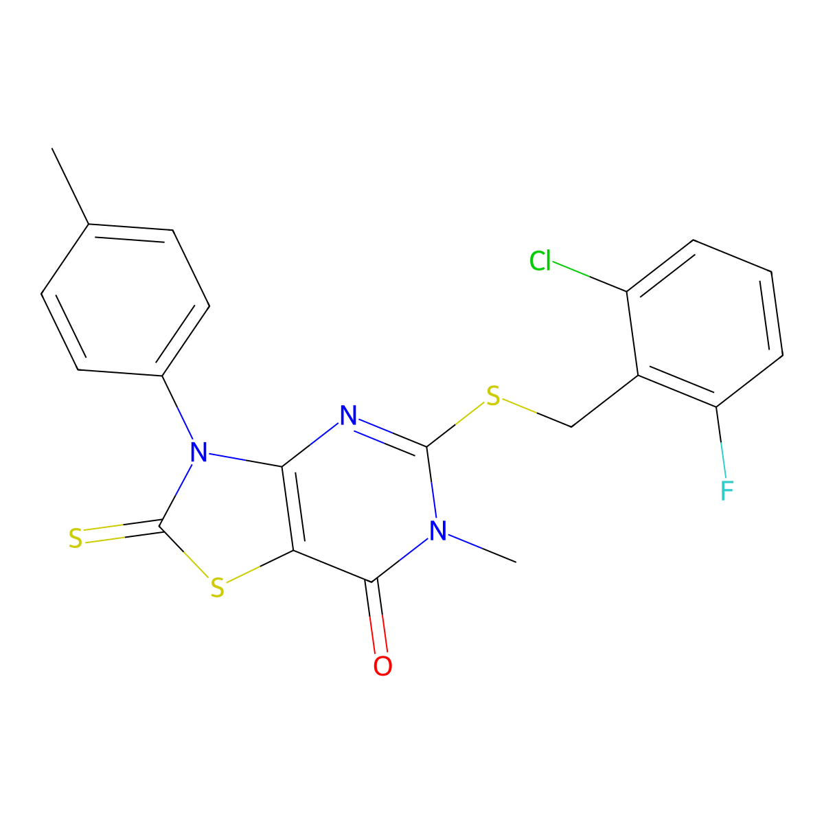 5-((2-chloro-6-fluorobenzyl)thio)-6-methyl-2-thioxo-3-(p-tolyl)-2,3-dihydrothiazolo[4,5-d]pyrimidin-7(6H)-one molecular structure, CAS 1114603-44-9