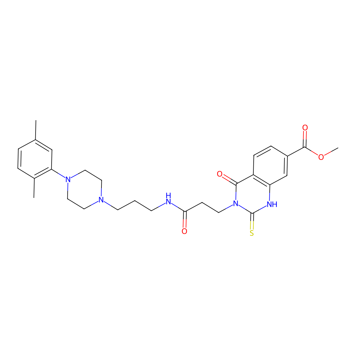 Methyl 3-(3-((3-(4-(2,5-dimethylphenyl)piperazin-1-yl)propyl)amino)-3-oxopropyl)-4-oxo-2-thioxo-1,2,3,4-tetrahydroquinazoline-7-carboxylate molecular structure, CAS 1114609-83-4