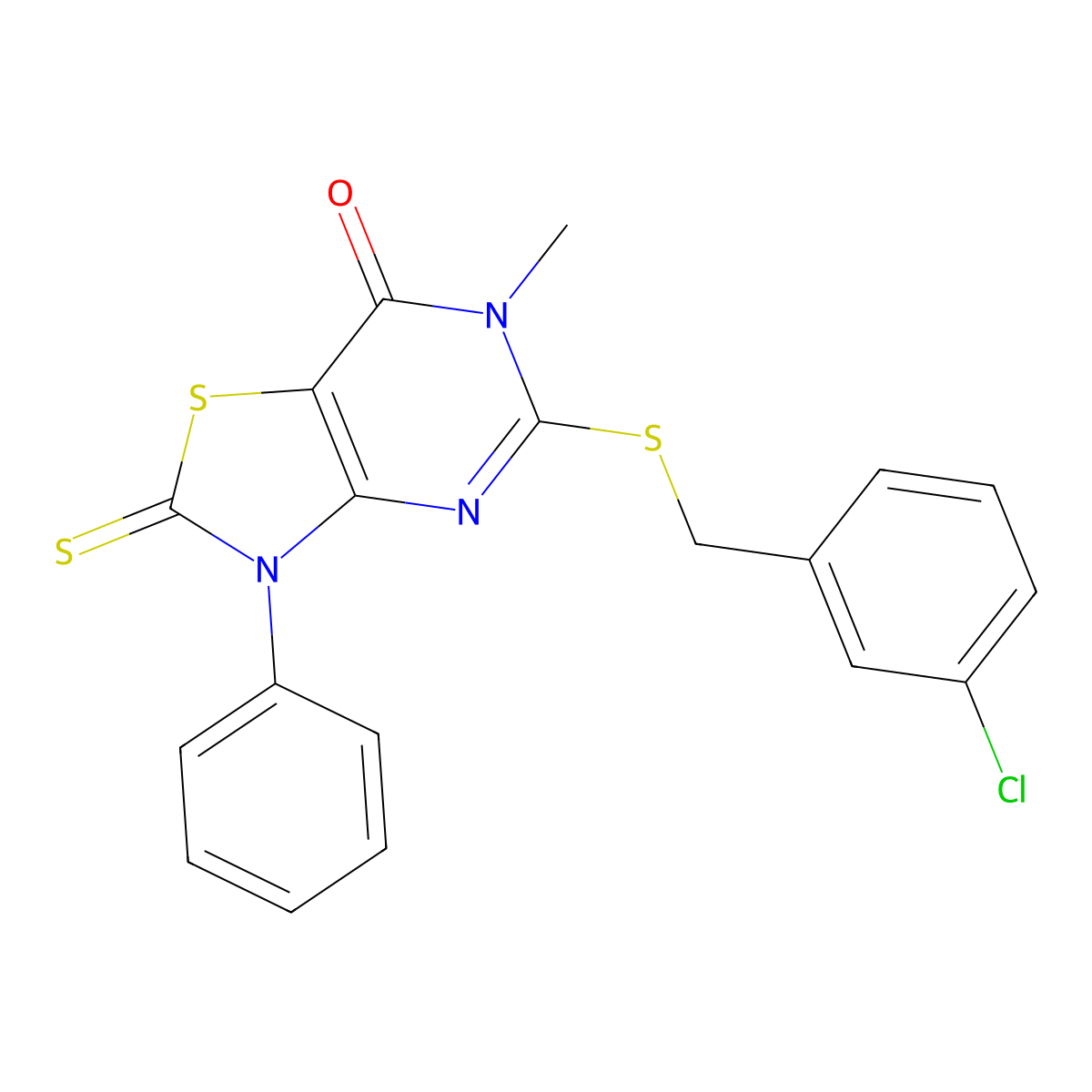 5-((3-chlorobenzyl)thio)-6-methyl-3-phenyl-2-thioxo-2,3-dihydrothiazolo[4,5-d]pyrimidin-7(6H)-one molecular structure, CAS 1114614-50-4