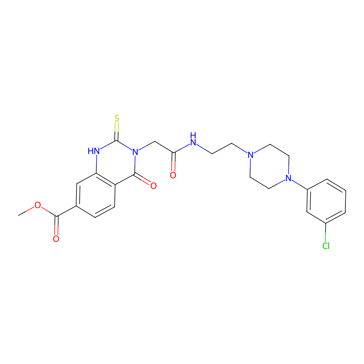 Methyl 3-(2-((2-(4-(3-chlorophenyl)piperazin-1-yl)ethyl)amino)-2-oxoethyl)-4-oxo-2-thioxo-1,2,3,4-tetrahydroquinazoline-7-carboxylate molecular structure, CAS 1114620-77-7