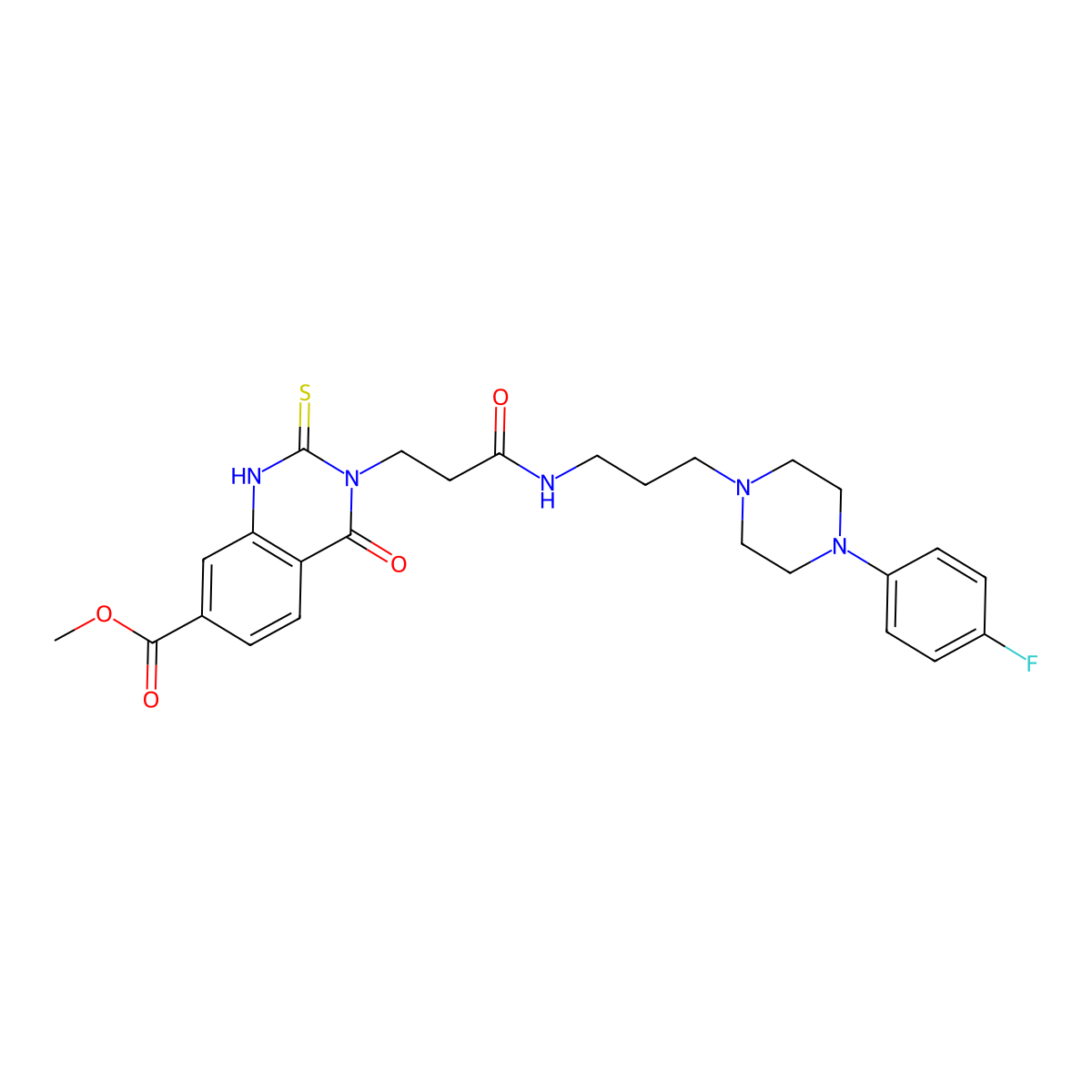 Methyl 3-(3-((3-(4-(4-fluorophenyl)piperazin-1-yl)propyl)amino)-3-oxopropyl)-4-oxo-2-thioxo-1,2,3,4-tetrahydroquinazoline-7-carboxylate molecular structure, CAS 1114621-02-1