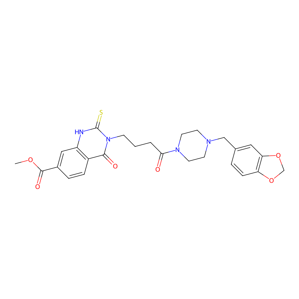 Methyl 3-(4-(4-(benzo[d][1,3]dioxol-5-ylmethyl)piperazin-1-yl)-4-oxobutyl)-4-oxo-2-thioxo-1,2,3,4-tetrahydroquinazoline-7-carboxylate molecular structure, CAS 1114621-12-3