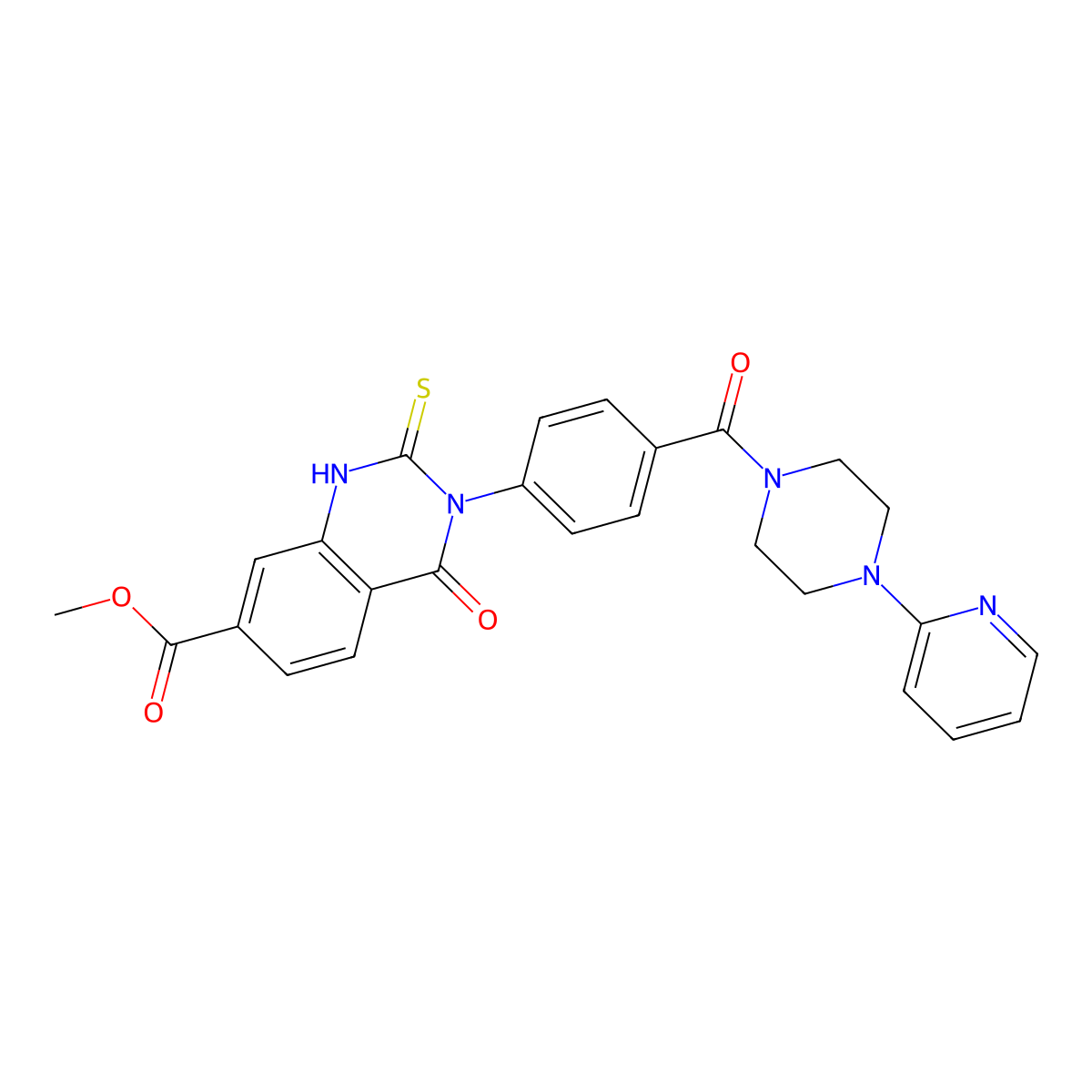 Methyl 4-oxo-3-(4-(4-(pyridin-2-yl)piperazine-1-carbonyl)phenyl)-2-thioxo-1,2,3,4-tetrahydroquinazoline-7-carboxylate molecular structure, CAS 1114627-77-8