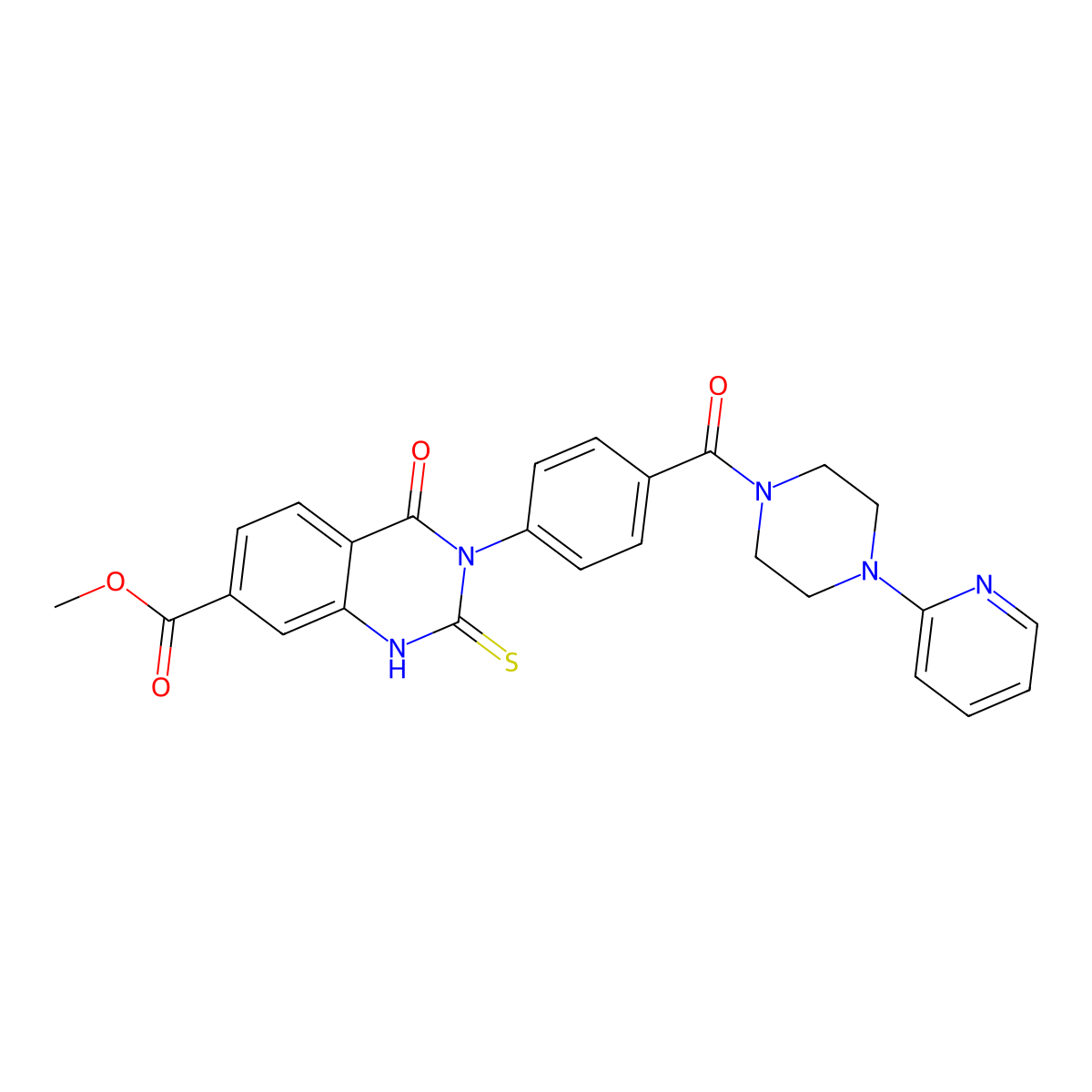 Methyl 4-oxo-3-(4-(4-(pyridin-2-yl)piperazine-1-carbonyl)phenyl)-2-thioxo-1,2,3,4-tetrahydroquinazoline-7-carboxylate molecular structure, CAS 1114627-77-8