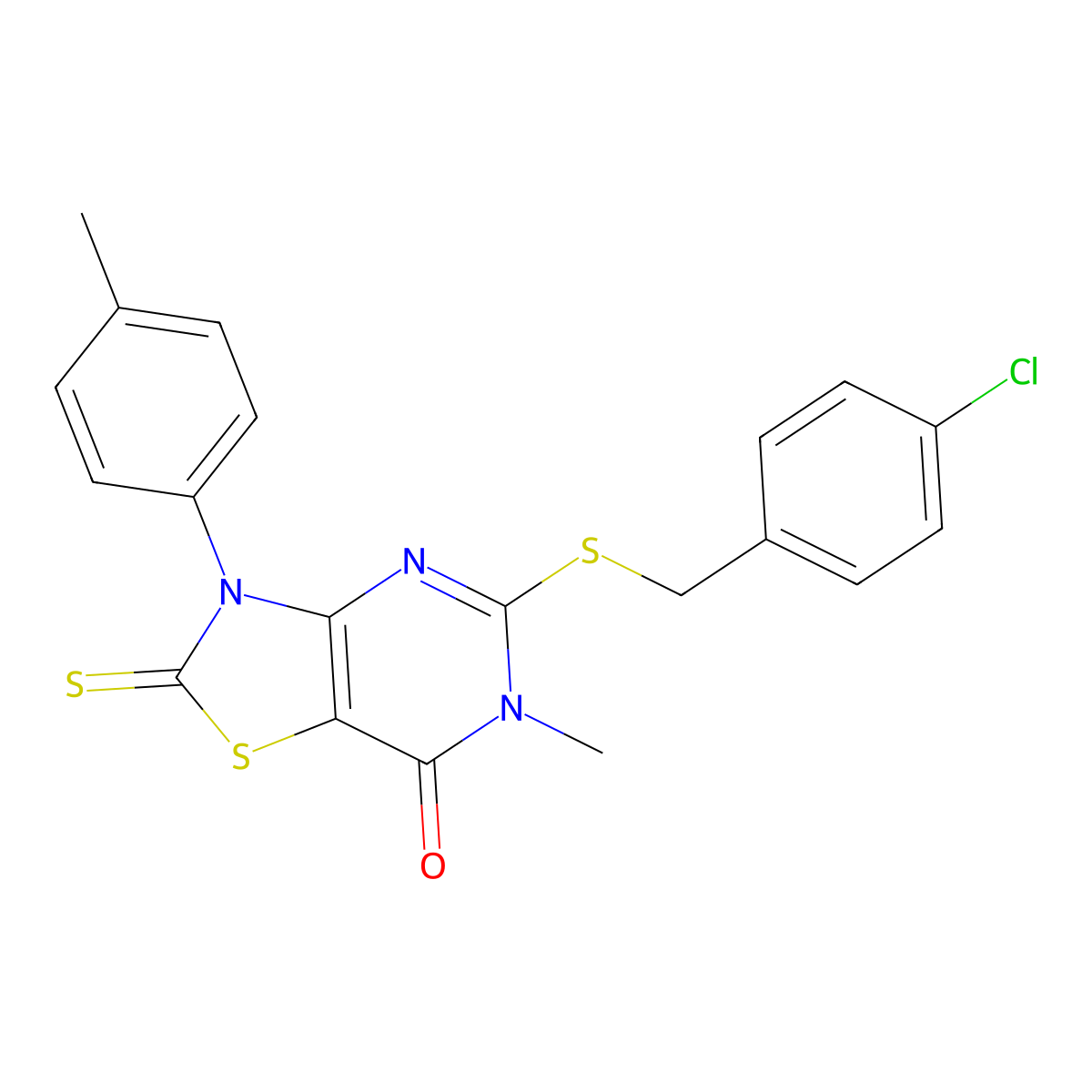 5-((4-chlorobenzyl)thio)-6-methyl-2-thioxo-3-(p-tolyl)-2,3-dihydrothiazolo[4,5-d]pyrimidin-7(6H)-one molecular structure, CAS 1114634-32-0