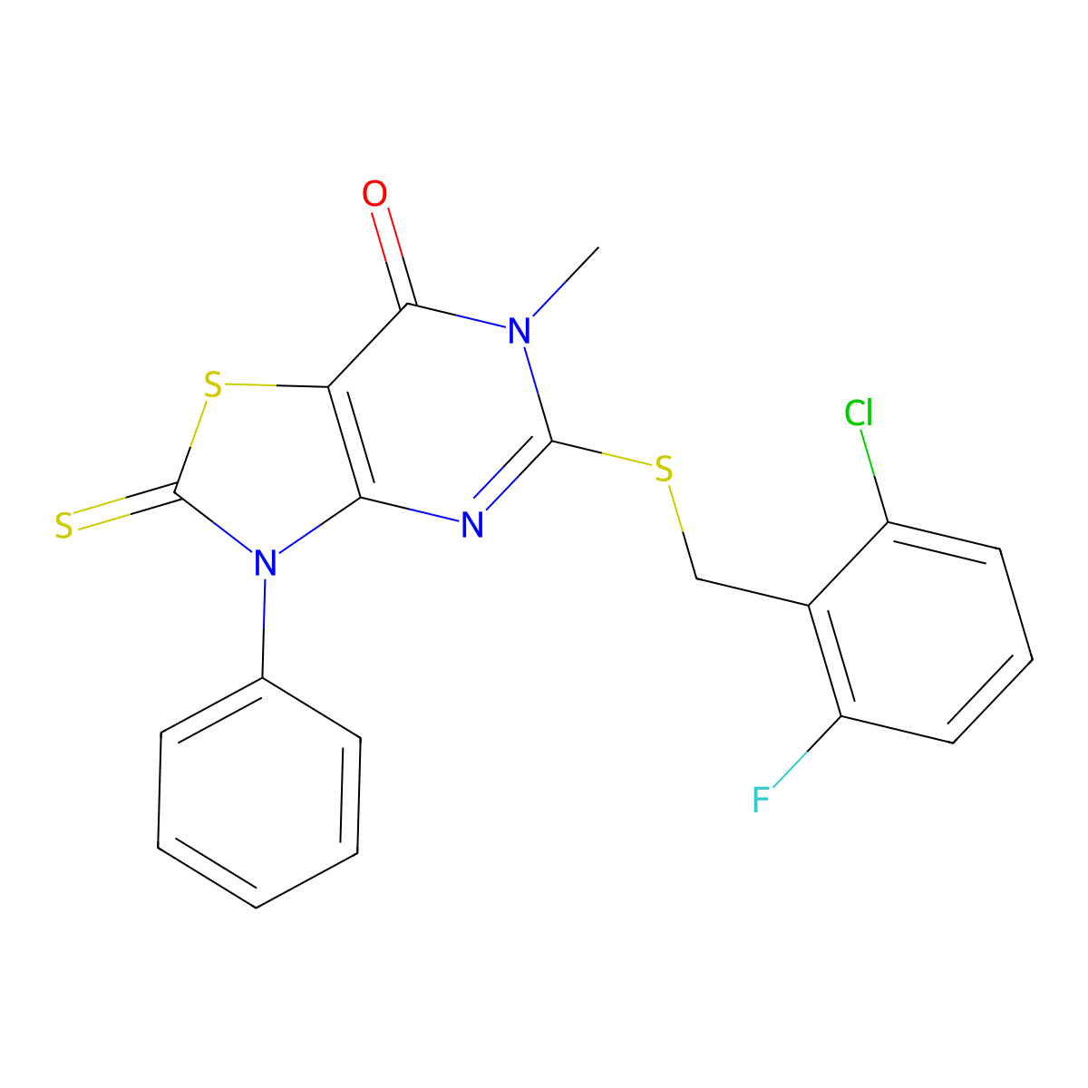 5-((2-chloro-6-fluorobenzyl)thio)-6-methyl-3-phenyl-2-thioxo-2,3-dihydrothiazolo[4,5-d]pyrimidin-7(6H)-one molecular structure, CAS 1114635-90-3