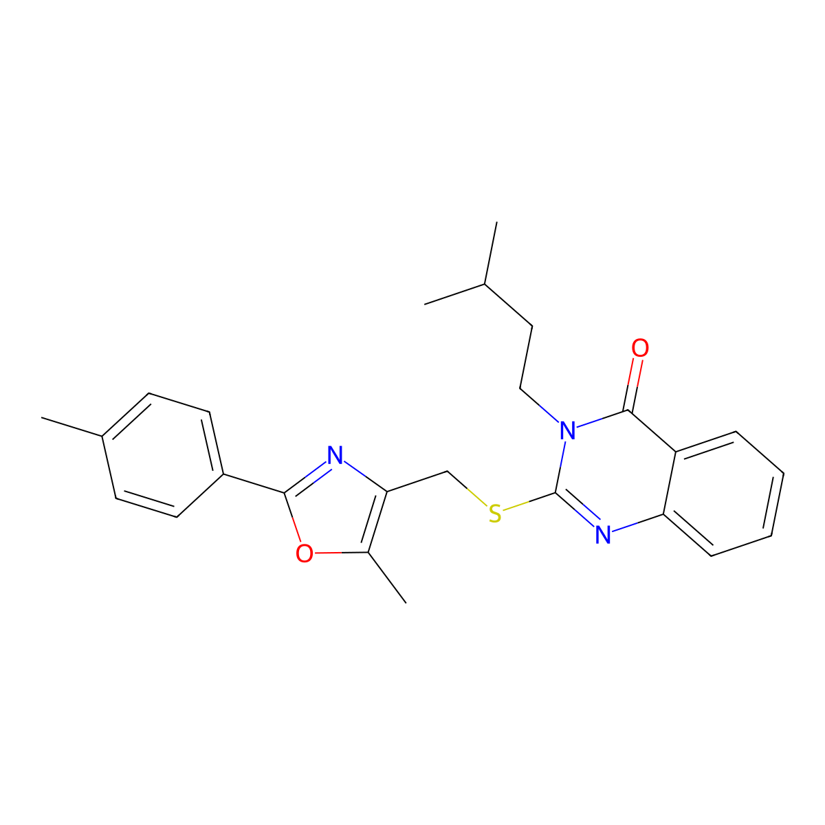 3-isopentyl-2-(((5-methyl-2-(p-tolyl)oxazol-4-yl)methyl)thio)quinazolin-4(3H)-one molecular structure, CAS 1114646-02-4