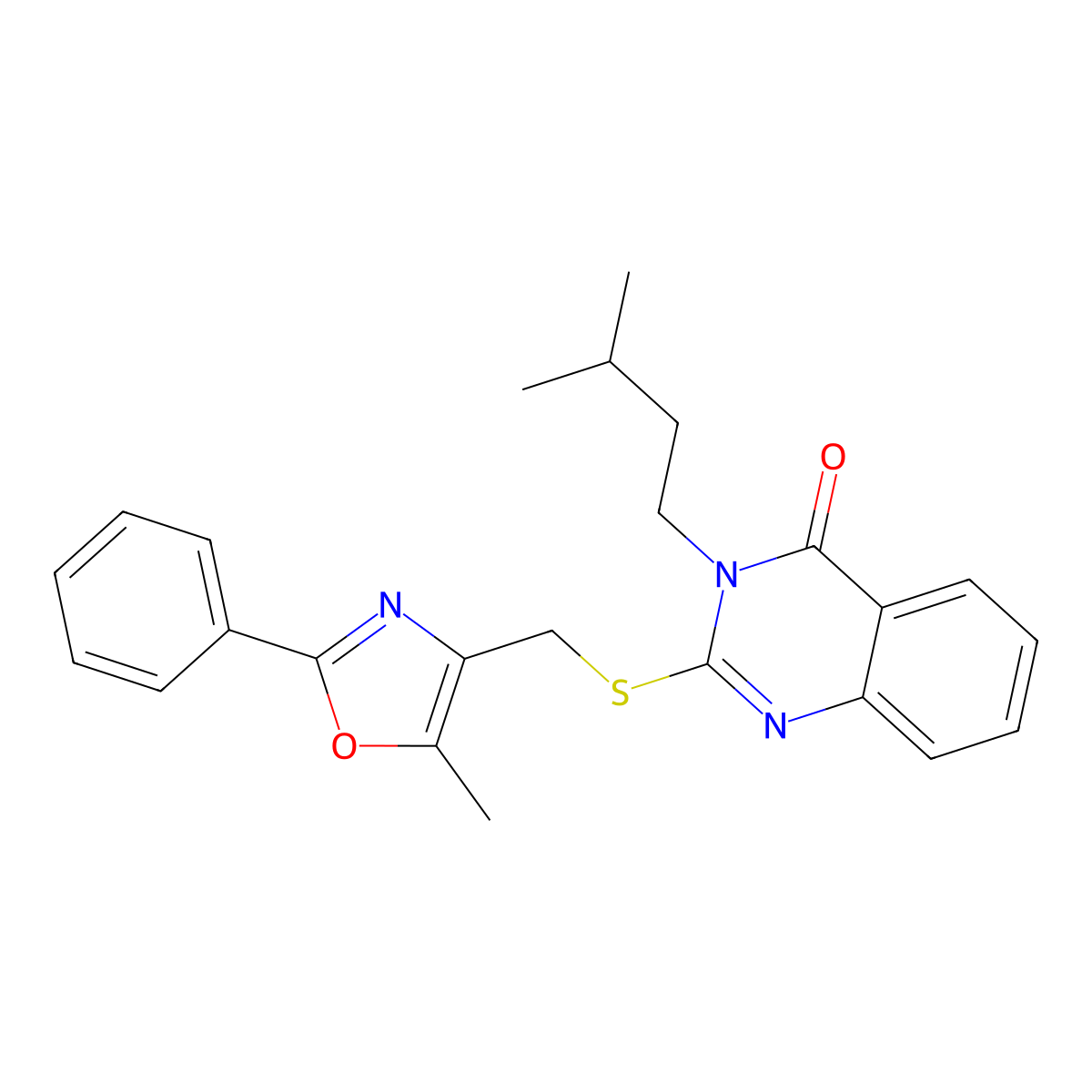 3-isopentyl-2-(((5-methyl-2-phenyloxazol-4-yl)methyl)thio)quinazolin-4(3H)-one molecular structure, CAS 1114646-18-2