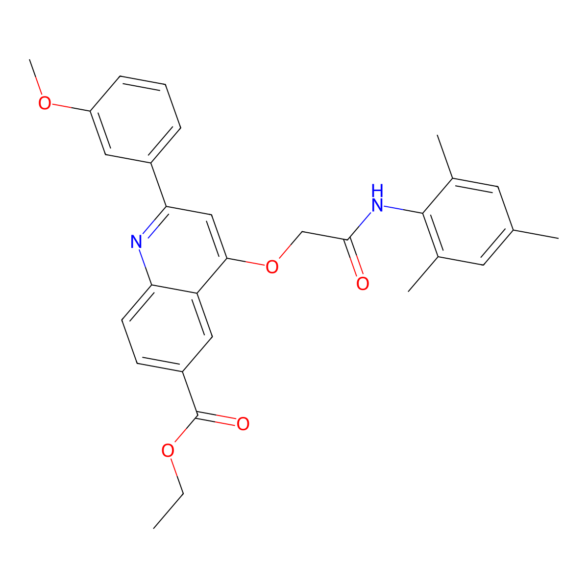 Ethyl 4-(2-(mesitylamino)-2-oxoethoxy)-2-(3-methoxyphenyl)quinoline-6-carboxylate molecular structure, CAS 1114647-07-2