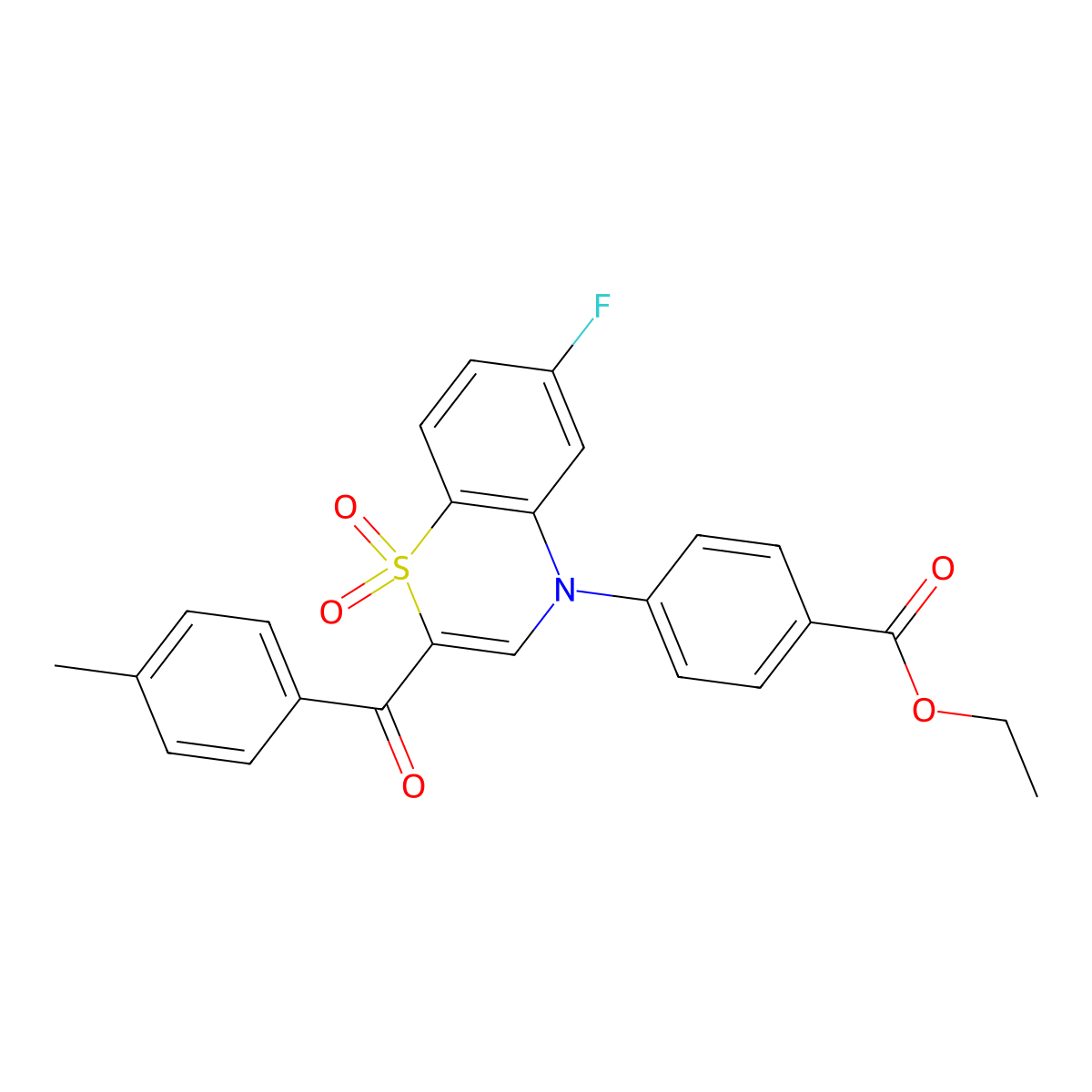 ethyl 4-[6-fluoro-2-(4-methylbenzoyl)-1,1-dioxido-4H-1,4-benzothiazin-4-yl]benzoate molecular structure, CAS 1114650-75-7