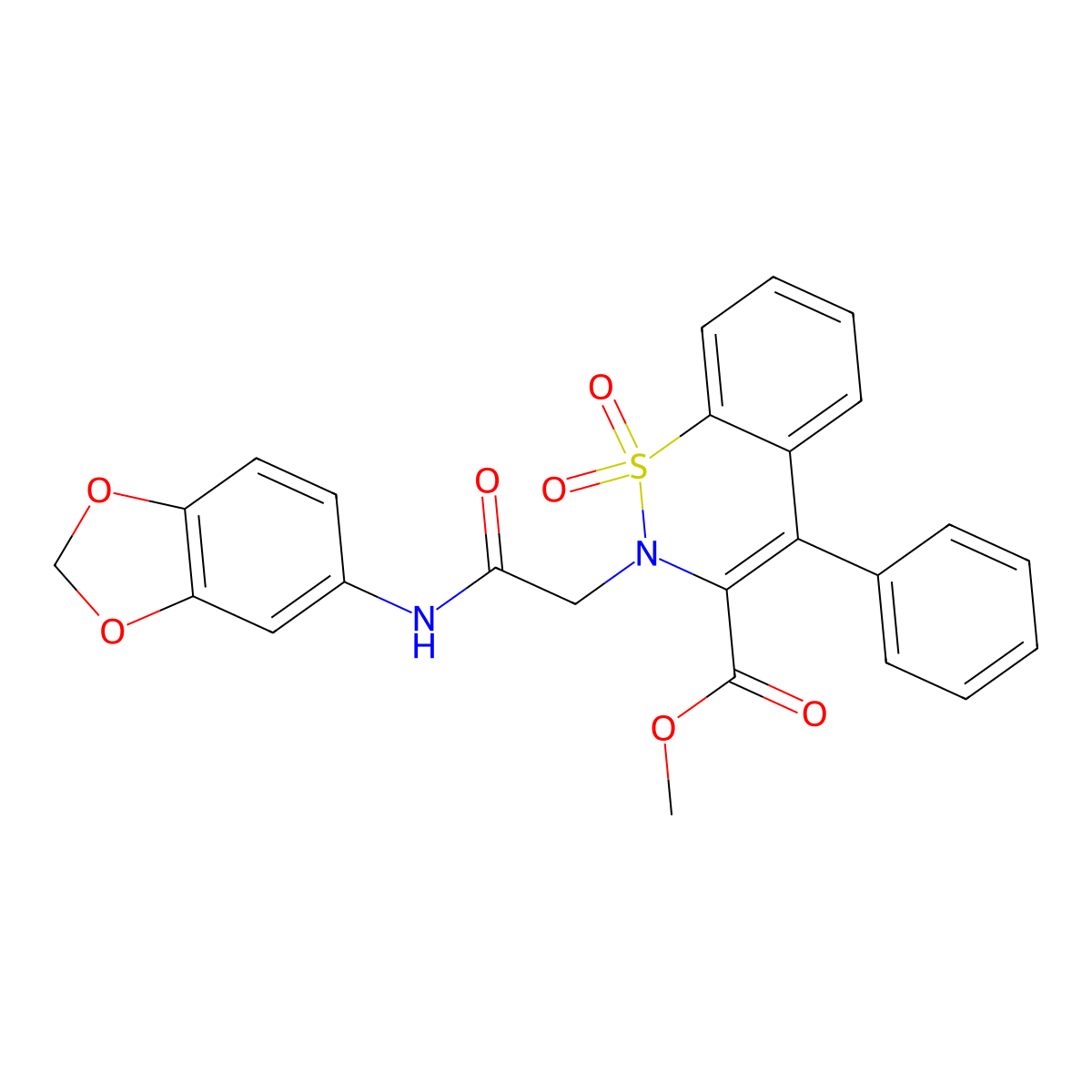 methyl 2-(2-(benzo[d][1,3]dioxol-5-ylamino)-2-oxoethyl)-4-phenyl-2H-benzo[e][1,2]thiazine-3-carboxylate 1,1-dioxide molecular structure, CAS 1114651-04-5