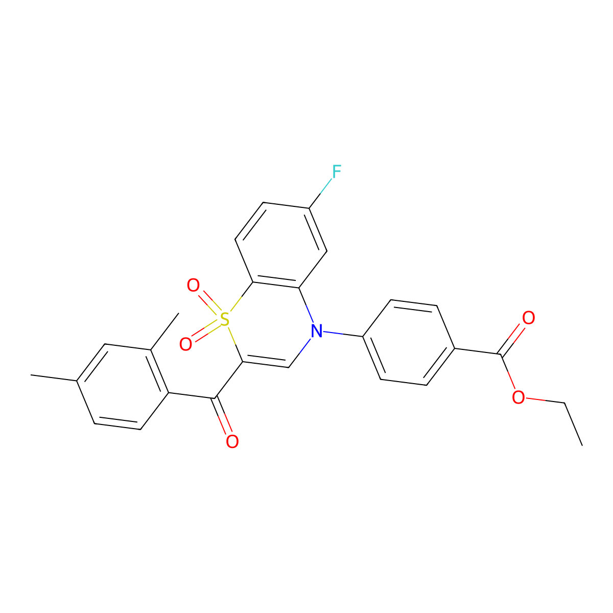 ethyl 4-[2-(2,4-dimethylbenzoyl)-6-fluoro-1,1-dioxido-4H-1,4-benzothiazin-4-yl]benzoate molecular structure, CAS 1114651-67-0