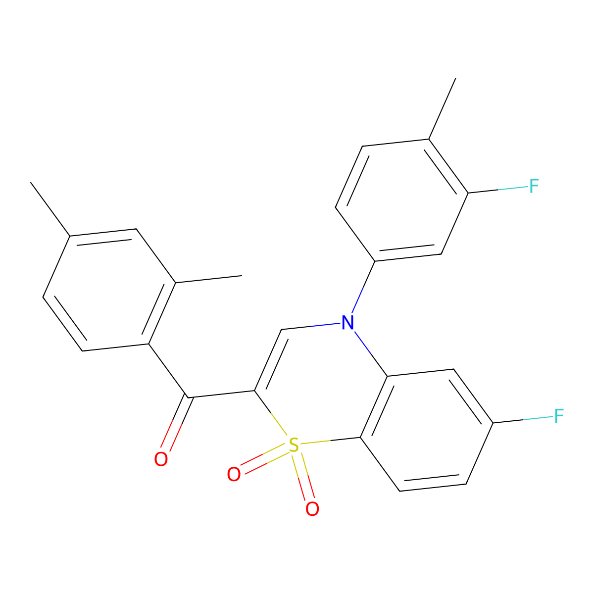(2,4-dimethylphenyl)[6-fluoro-4-(3-fluoro-4-methylphenyl)-1,1-dioxido-4H-1,4-benzothiazin-2-yl]methanone molecular structure, CAS 1114651-77-2