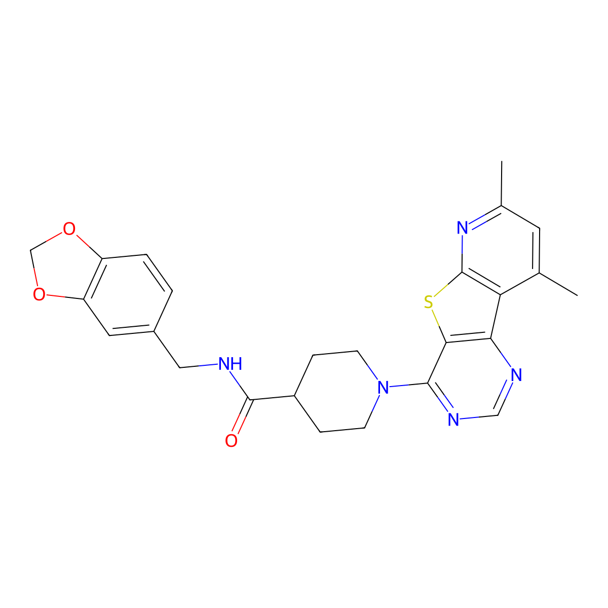 N-[(2H-1,3-benzodioxol-5-yl)methyl]-1-{11,13-dimethyl-8-thia-3,5,10-triazatricyclo[7.4.0.0^{2,7}]trideca-1(13),2(7),3,5,9,11-hexaen-6-yl}piperidine-4-carboxamide molecular structure, CAS 1114652-01-5