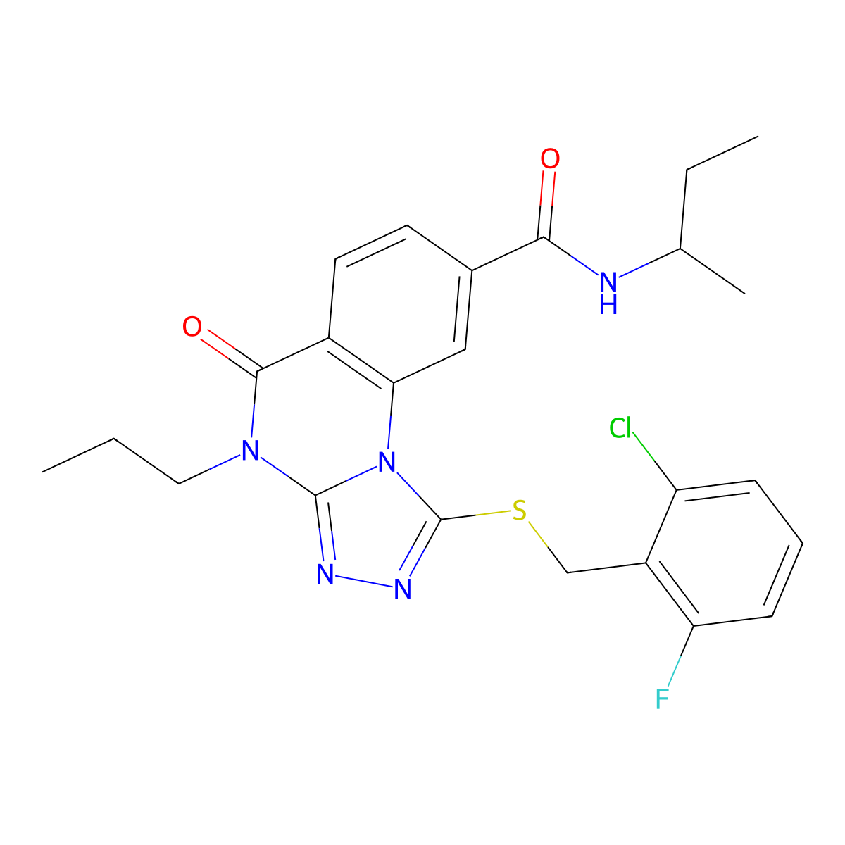 N-(sec-butyl)-1-((2-chloro-6-fluorobenzyl)thio)-5-oxo-4-propyl-4,5-dihydro-[1,2,4]triazolo[4,3-a]quinazoline-8-carboxamide molecular structure, CAS 1114652-14-0