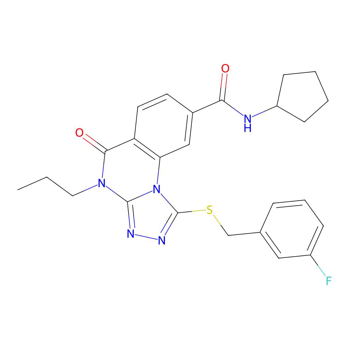 N-cyclopentyl-1-((3-fluorobenzyl)thio)-5-oxo-4-propyl-4,5-dihydro-[1,2,4]triazolo[4,3-a]quinazoline-8-carboxamide molecular structure, CAS 1114652-37-7