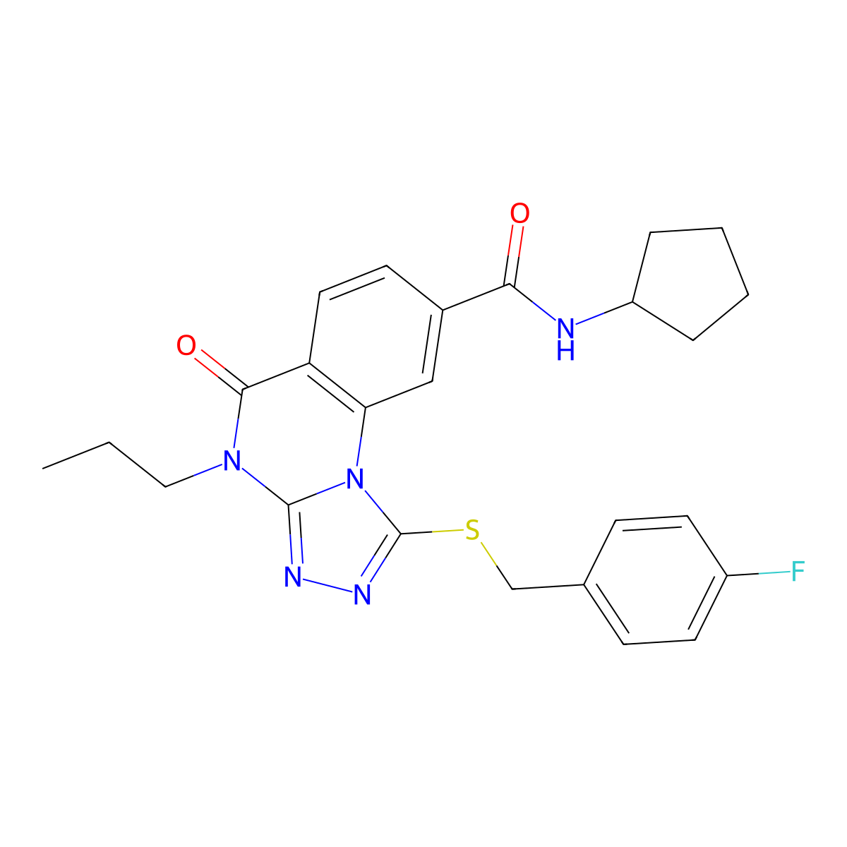 N-cyclopentyl-1-((4-fluorobenzyl)thio)-5-oxo-4-propyl-4,5-dihydro-[1,2,4]triazolo[4,3-a]quinazoline-8-carboxamide molecular structure, CAS 1114652-42-4