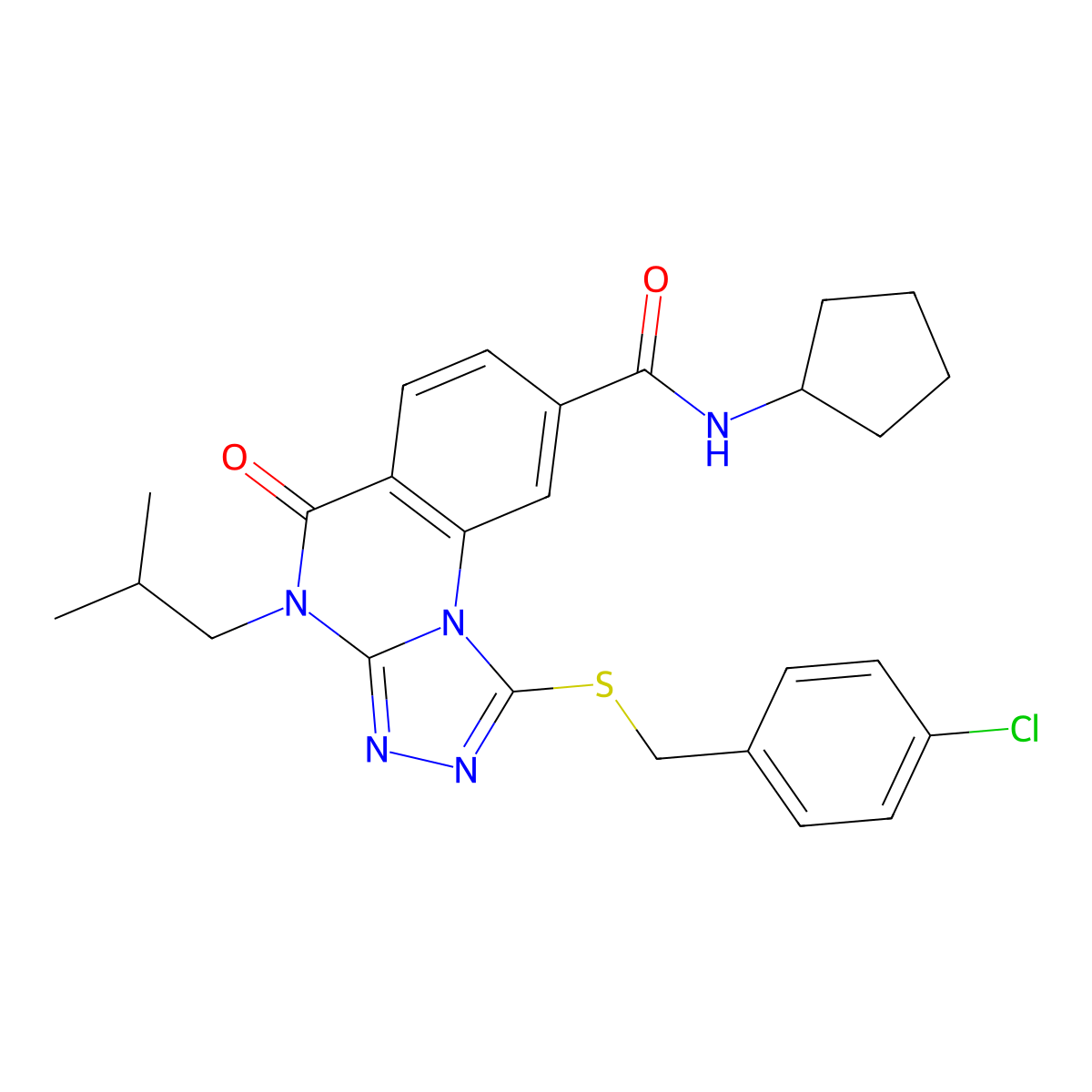 1-((4-chlorobenzyl)thio)-N-cyclopentyl-4-isobutyl-5-oxo-4,5-dihydro-[1,2,4]triazolo[4,3-a]quinazoline-8-carboxamide molecular structure, CAS 1114652-86-6