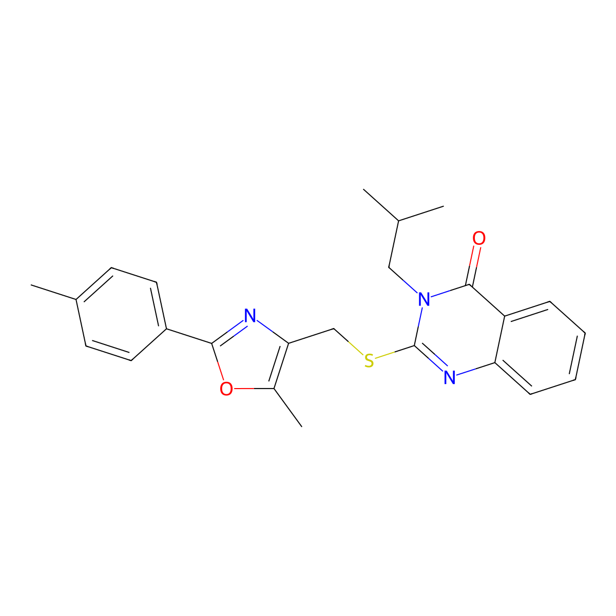 3-isobutyl-2-(((5-methyl-2-(p-tolyl)oxazol-4-yl)methyl)thio)quinazolin-4(3H)-one molecular structure, CAS 1114653-43-8